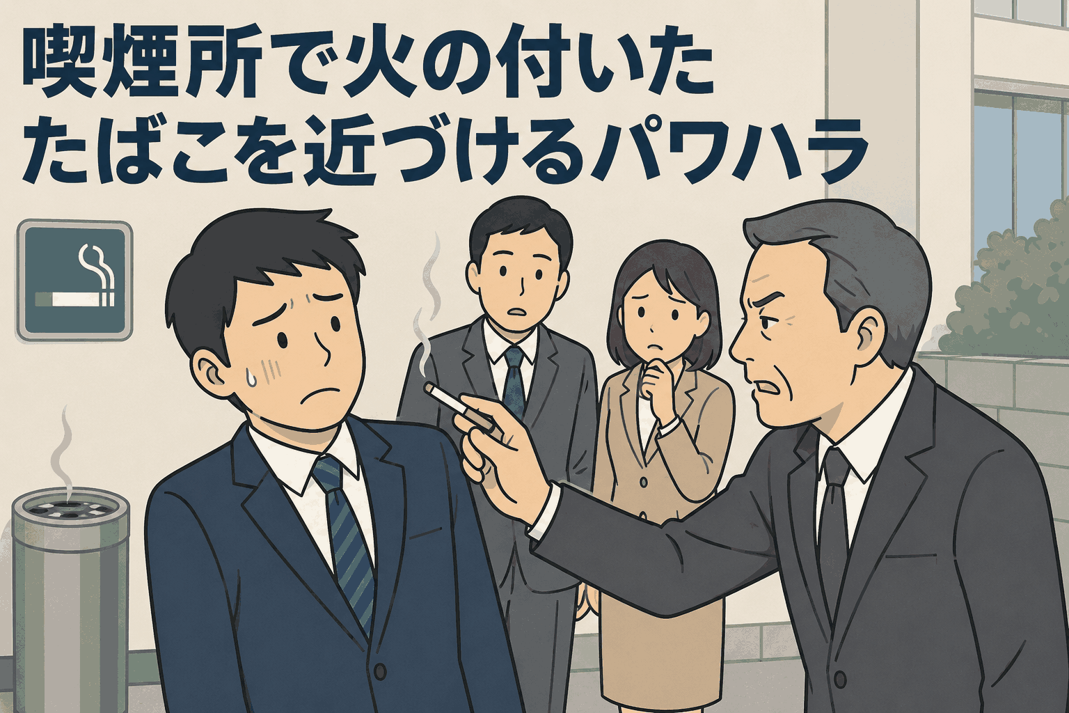 喫煙所で火の付いたたばこを部下に近づける上司と、不安そうに見守る社員たちを描いたパワハラ問題のイラスト