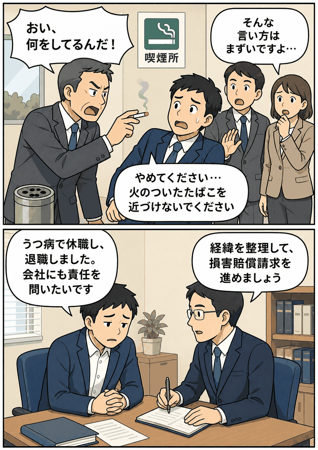 喫煙所で火の付いたたばこを近づけられた男性社員が、うつ病による休職・退職後に損害賠償請求を相談するパワハラ訴訟の漫画