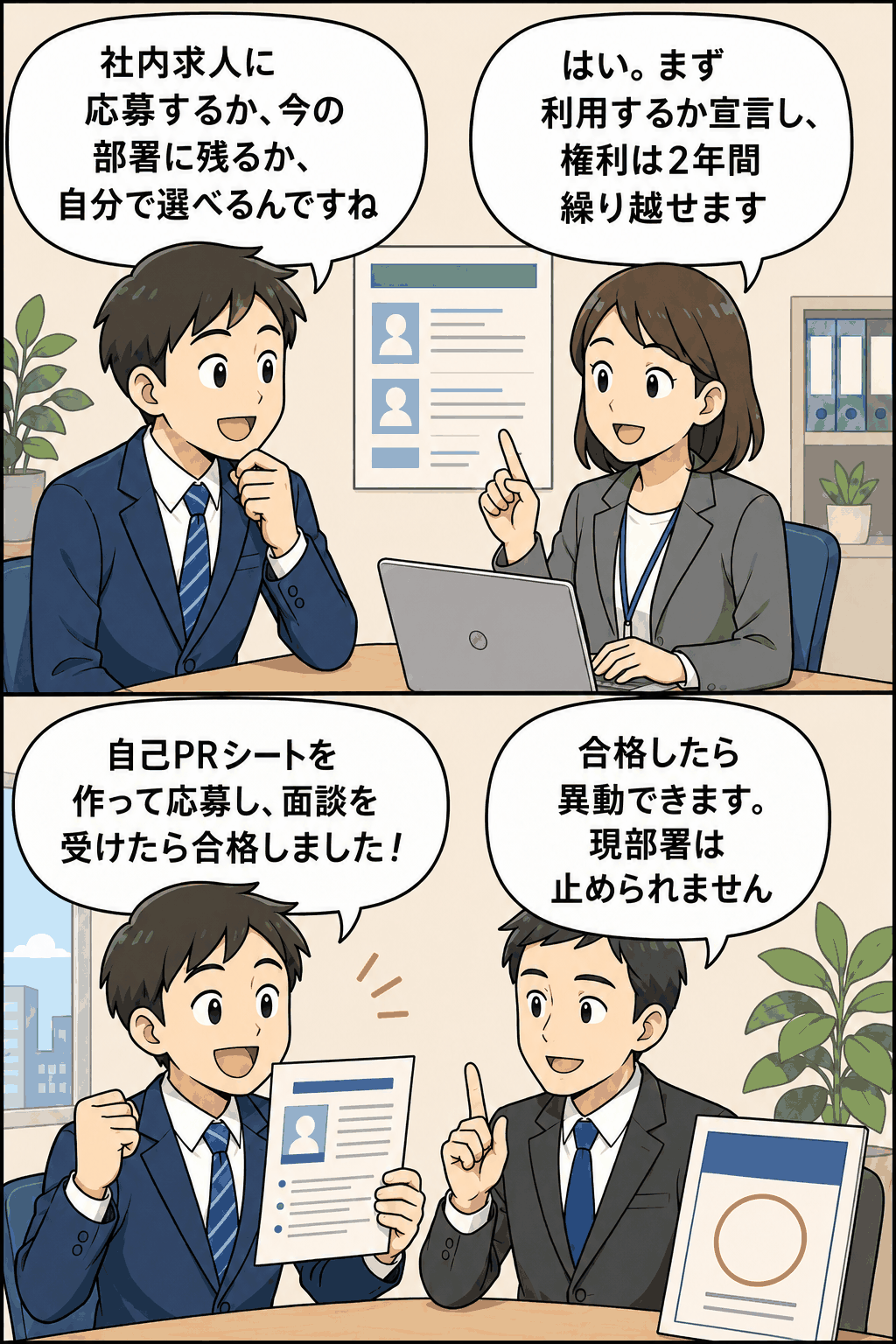 若年層ジョブマッチング制度で、新卒入社3年目の社員が社内求人への応募や現部署継続を選択し、自己PRシートと面談を経て異動する流れを説明する漫画