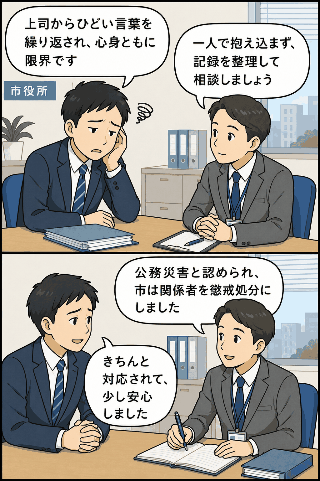 市役所職員が上司の暴言によるパワハラ被害を相談し、公務災害認定や懲戒処分につながった経緯を描いた漫画