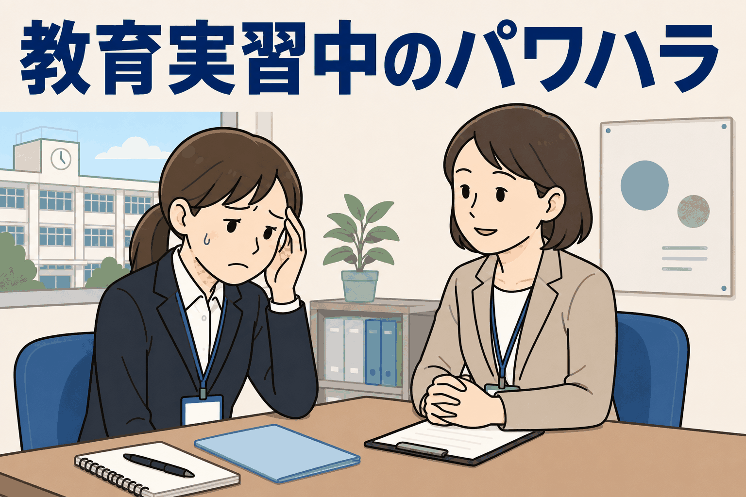 高知県の県立高校で教育実習中に指導教員からパワハラを受け、相談する女性教育実習生のイラスト
