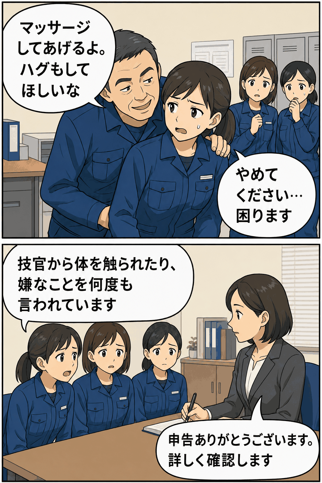 海上自衛隊の防衛技官が女性隊員にマッサージやハグを求めるセクハラを行い、被害申告により発覚した事案を描いた漫画