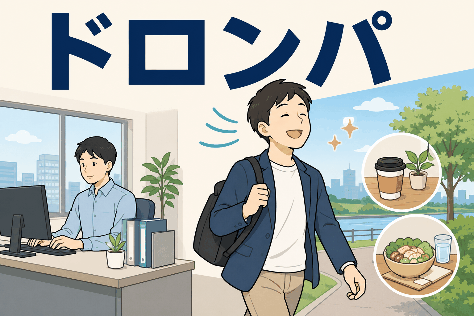 月6時間まで自由に仕事を離れてリフレッシュできる公認サボり制度「ドロンパ」を紹介する、オフィス勤務と外出休憩のイラスト