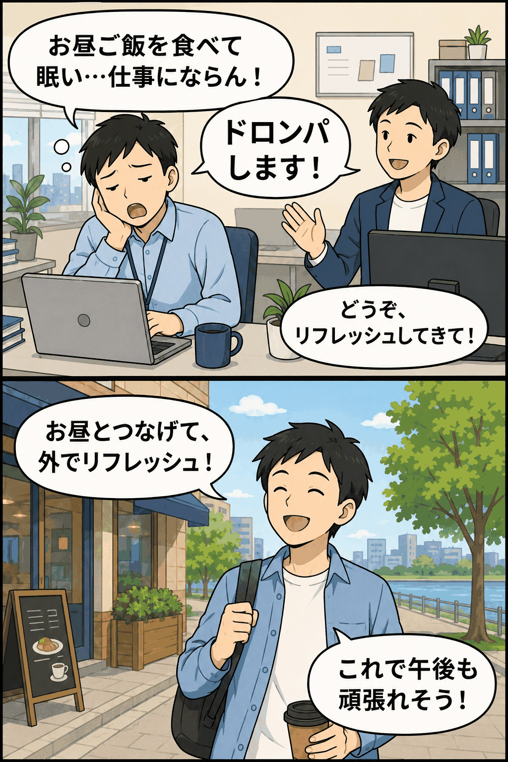 昼食後に眠くなった社員が「ドロンパします!」と宣言し、外でリフレッシュして午後の仕事に備える公認サボり制度の漫画イラスト