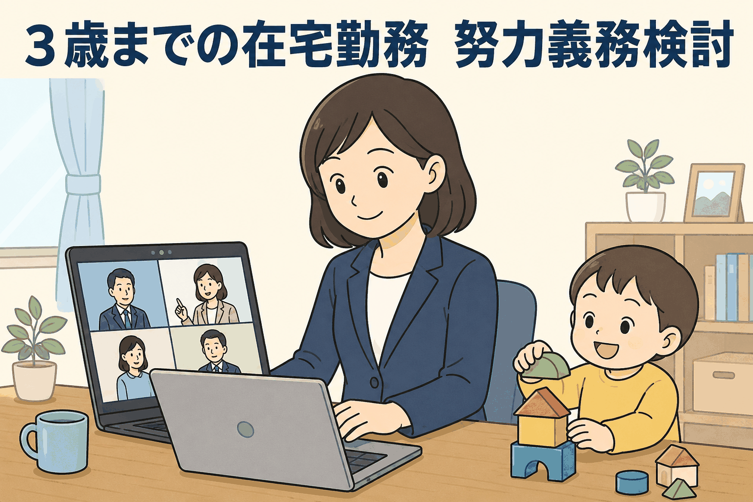 3歳までの子どもがいる社員の在宅勤務を企業の努力義務とする方針を示す、子育て中の女性が自宅でオンライン会議に参加するイラスト