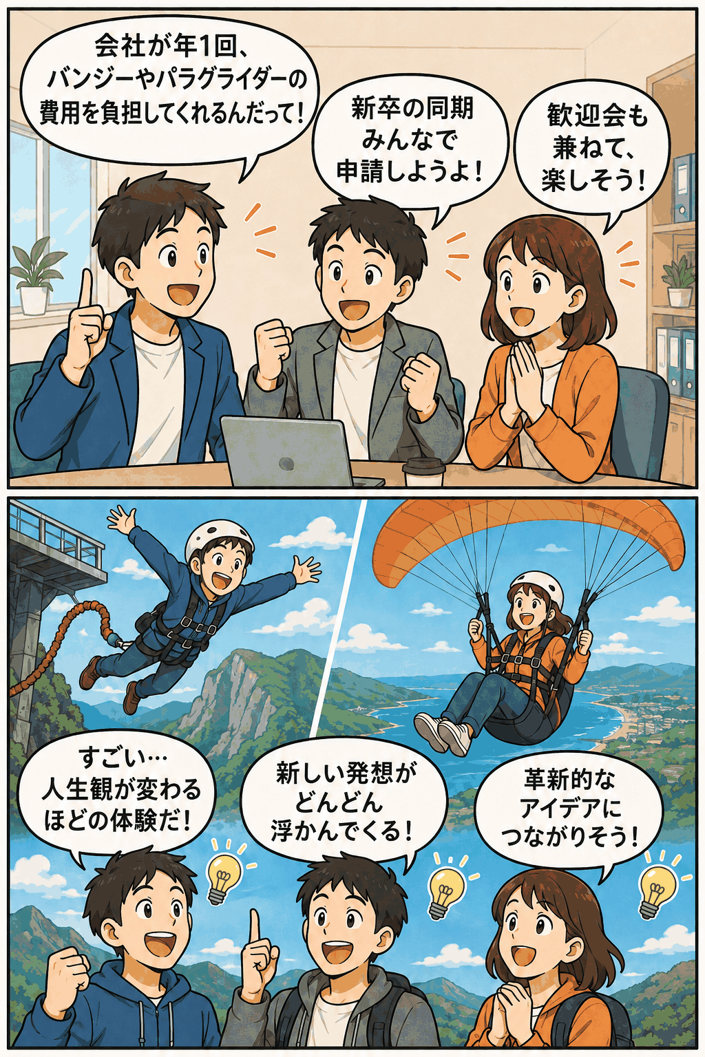 バンジージャンプ支援とパラグライダー支援について新卒同期が会社で相談し、非日常体験を通じて新しい発想や革新的なアイデアを得る様子
