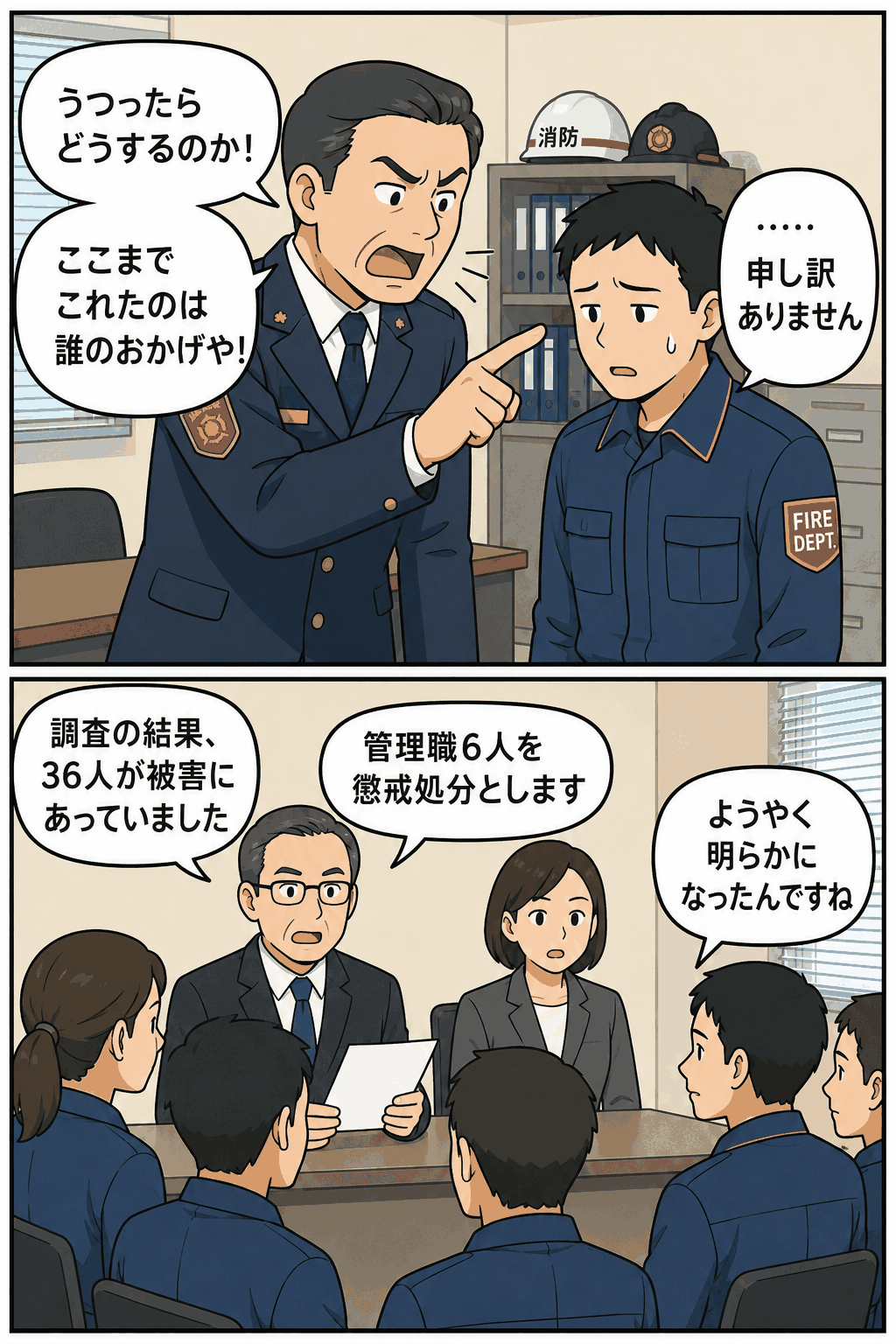 滋賀県の市消防本部で上司によるパワハラが発覚し、被害職員36人と管理職6人の懲戒処分を説明する漫画イラスト