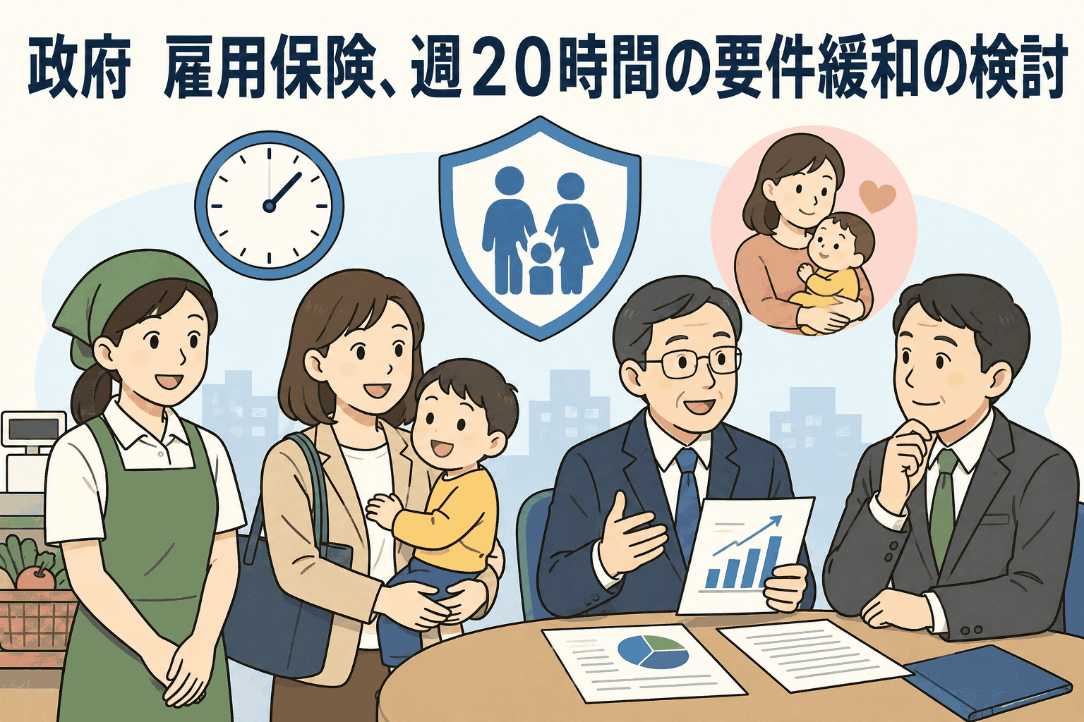 政府が雇用保険の週20時間要件緩和を検討し、パートやアルバイトなど短時間労働者の失業給付・育児休業給付拡大を議論するイメージ