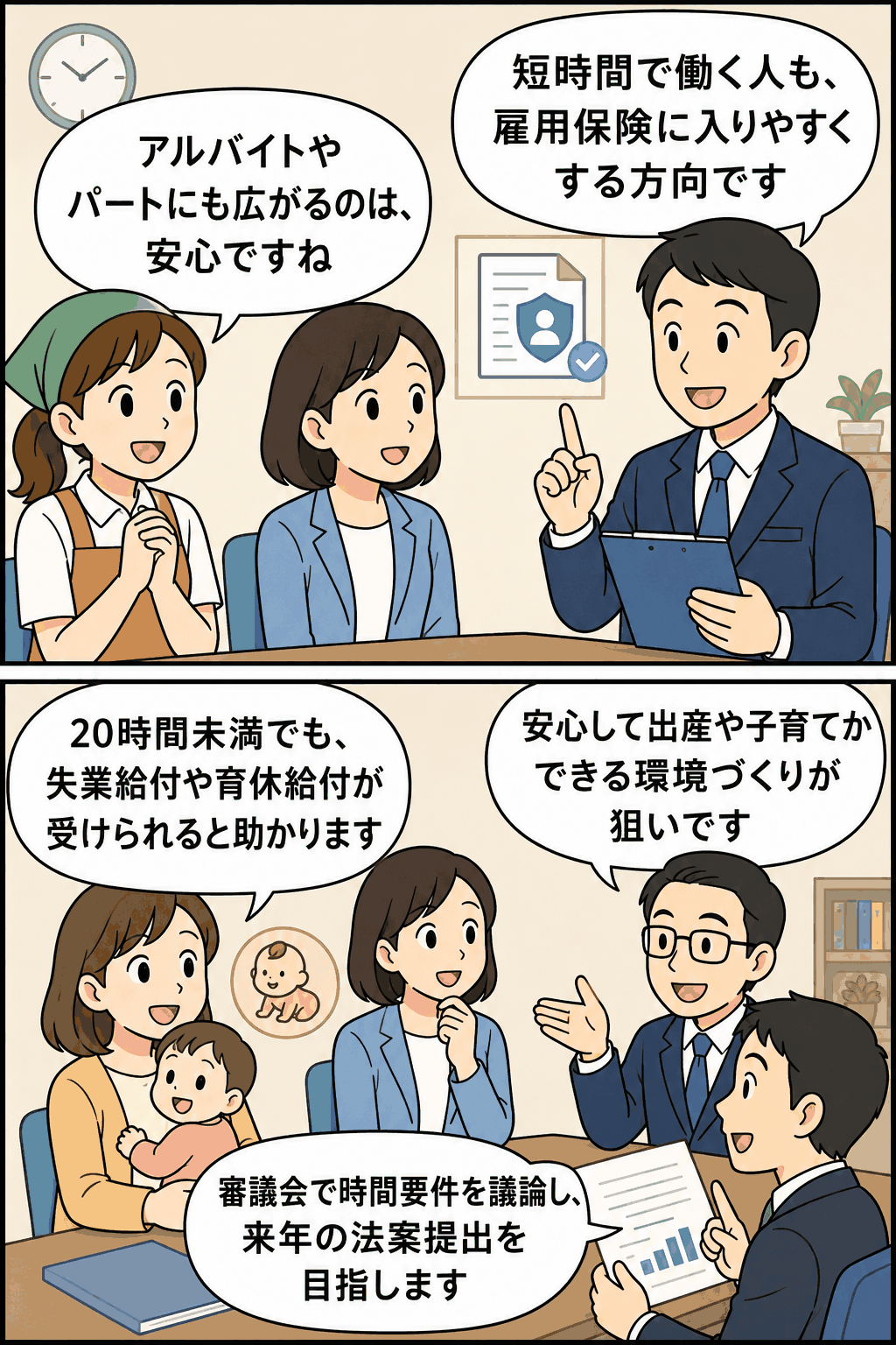 雇用保険の見直しで、アルバイトやパートなど短時間労働者も加入しやすくなり、20時間未満勤務でも失業給付や育児休業給付の対象拡大が検討される漫画解説