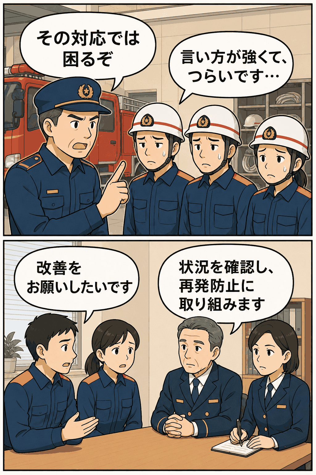 千葉県の消防本部でパワハラ被害を訴えた若手署員に対し、組織側が状況確認と再発防止を約束する様子を描いたイラスト