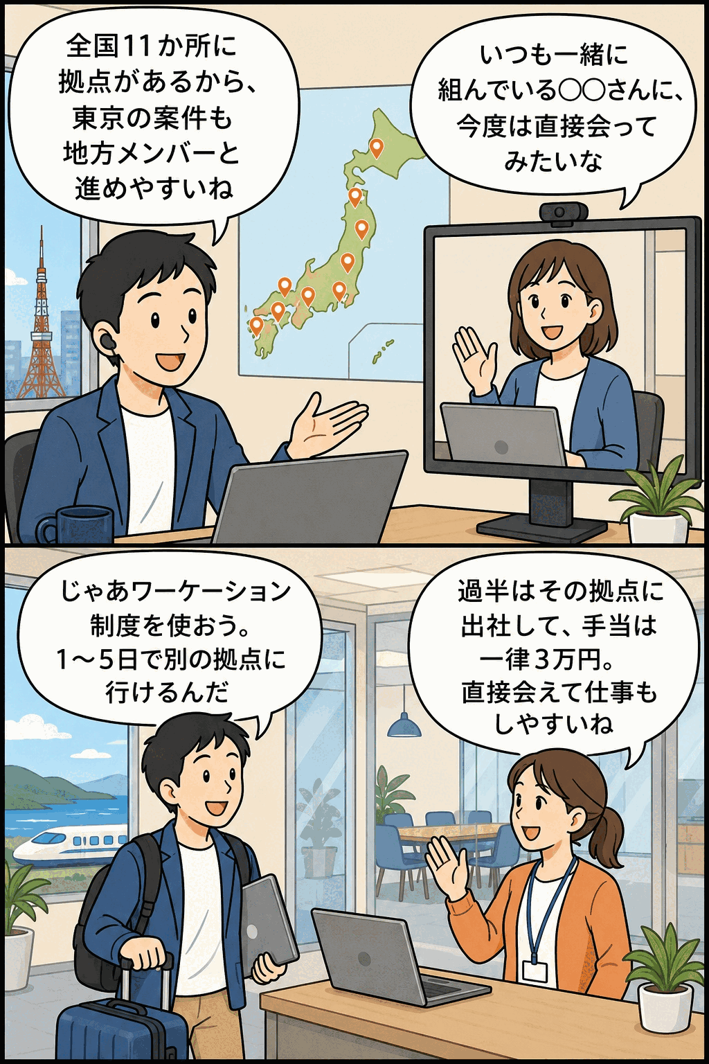 全国11か所の自社拠点を活用し、地方メンバーとの対面交流を促すワーケーション制度を説明する漫画イラスト