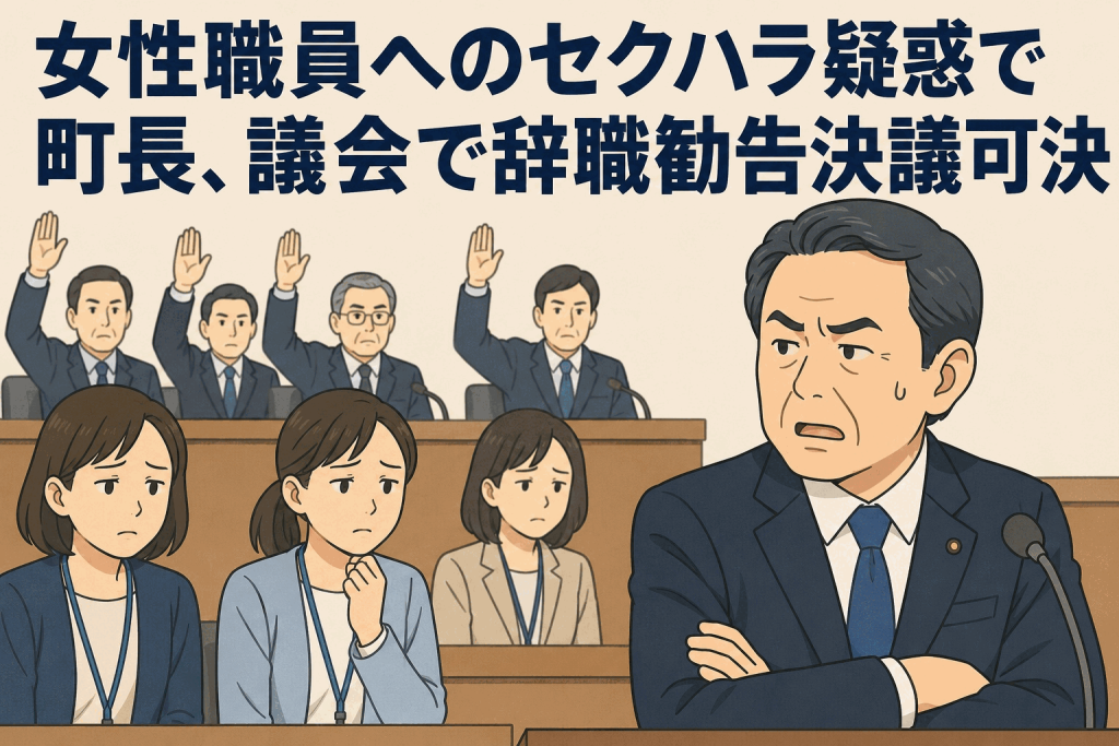 女性職員へのセクハラ疑惑で町長、議会で辞職勧告決議可決