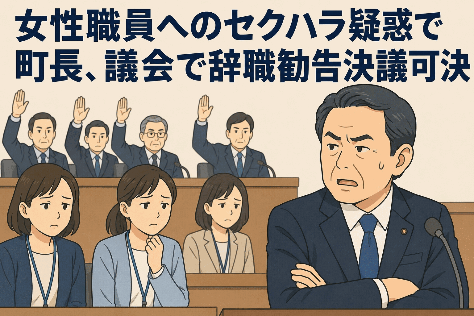 女性職員へのセクハラ疑惑で町長に対する辞職勧告決議案が町議会で可決されたことを示すイラスト
