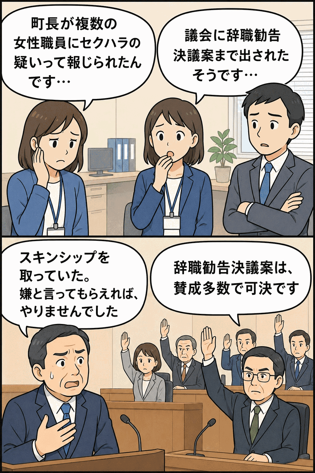 女性職員へのセクハラ疑惑が報じられた町長について、町議会で辞職勧告決議案が賛成多数で可決された経緯を描いた漫画風イラスト
