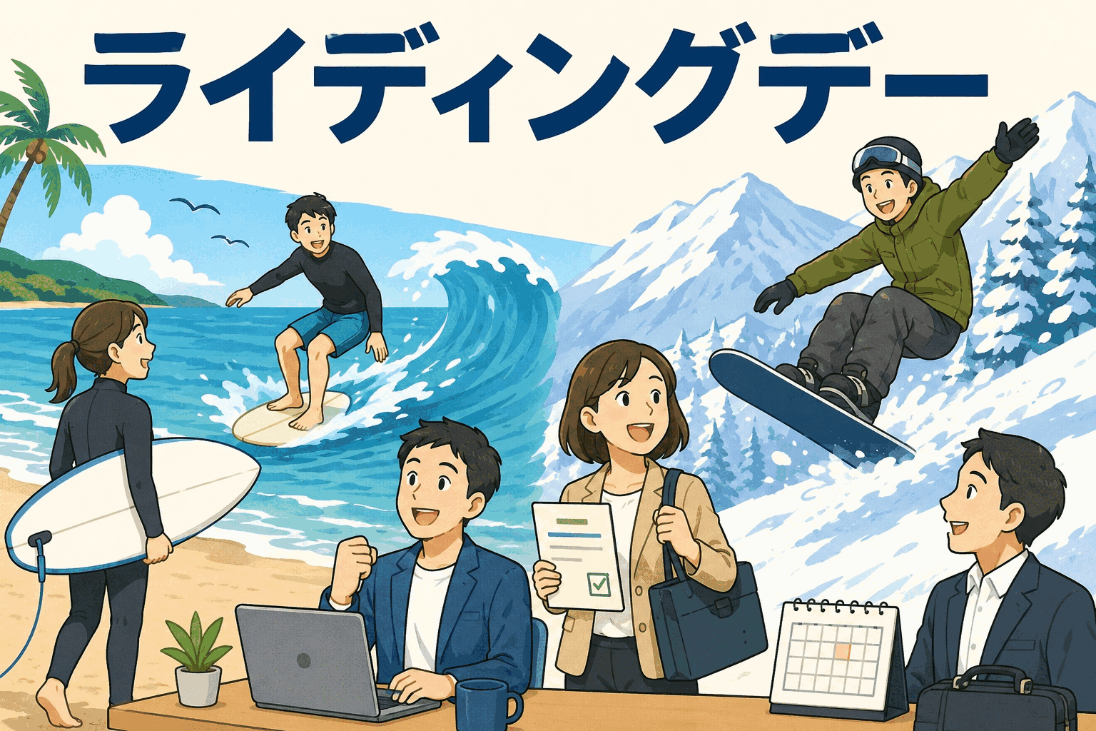 スノーボード・アウトドア商品を扱う会社の福利厚生「ライディングデー」を表すイラスト。社員が平日に特別休暇を使い、夏はサーフィン、冬はスノーボードを楽しむ様子。