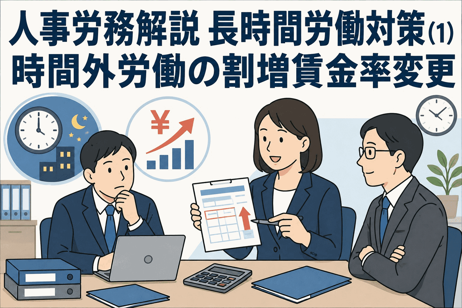 長時間労働対策として、月60時間を超える時間外労働の割増賃金率変更を人事労務担当者が解説しているイラスト