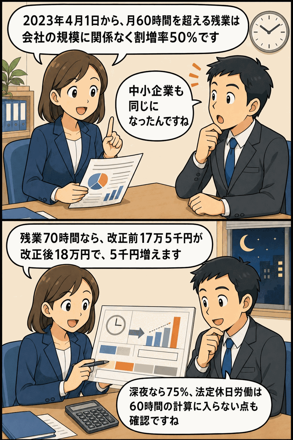月60時間を超える残業の割増賃金率50％への変更について、人事労務担当者が中小企業への適用や計算例を解説している漫画