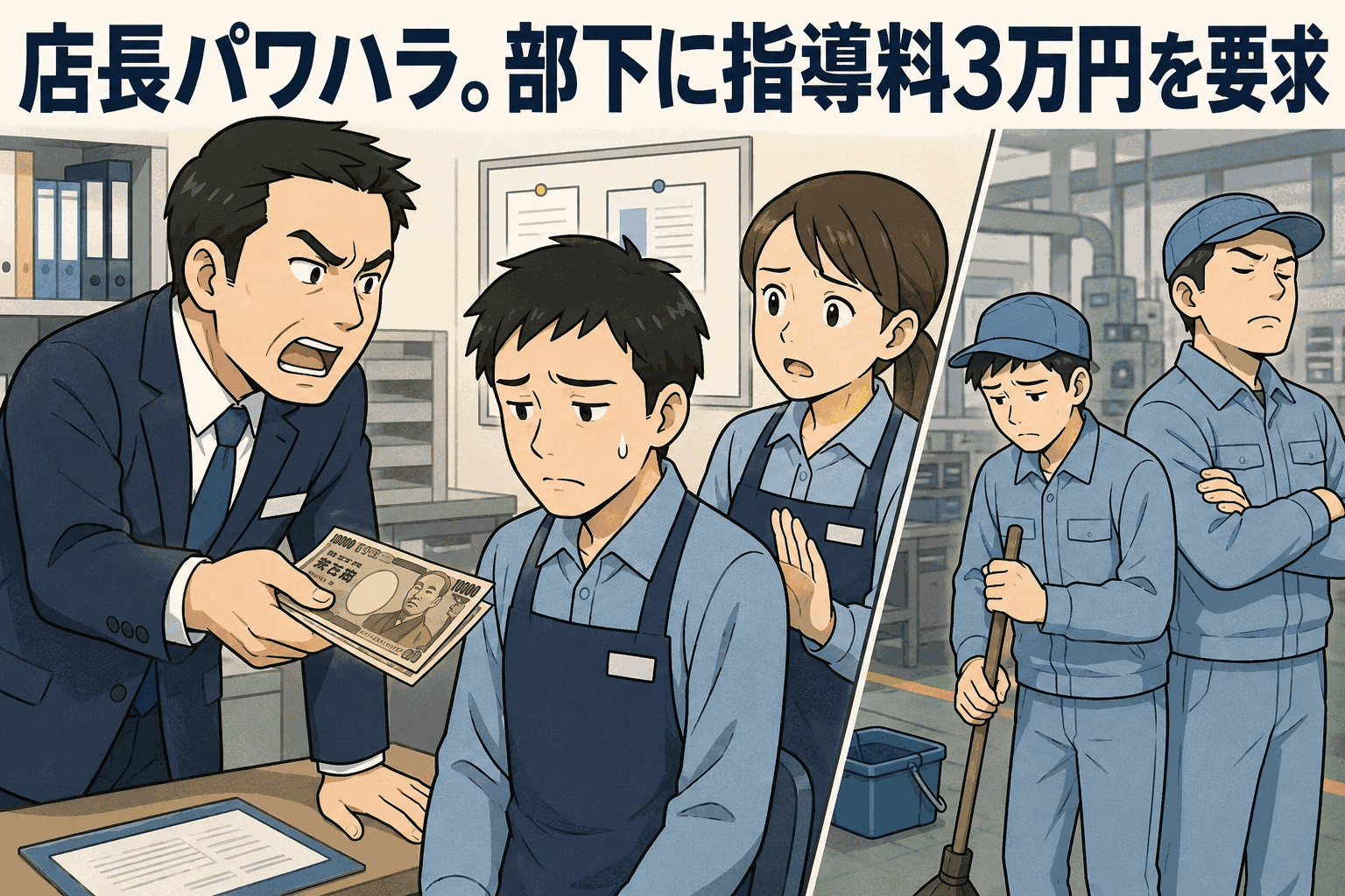 販売店舗の店長が部下に指導料3万円を要求し、異動後も左利きを理由に不当な扱いを受けるパワハラ事例のイラスト