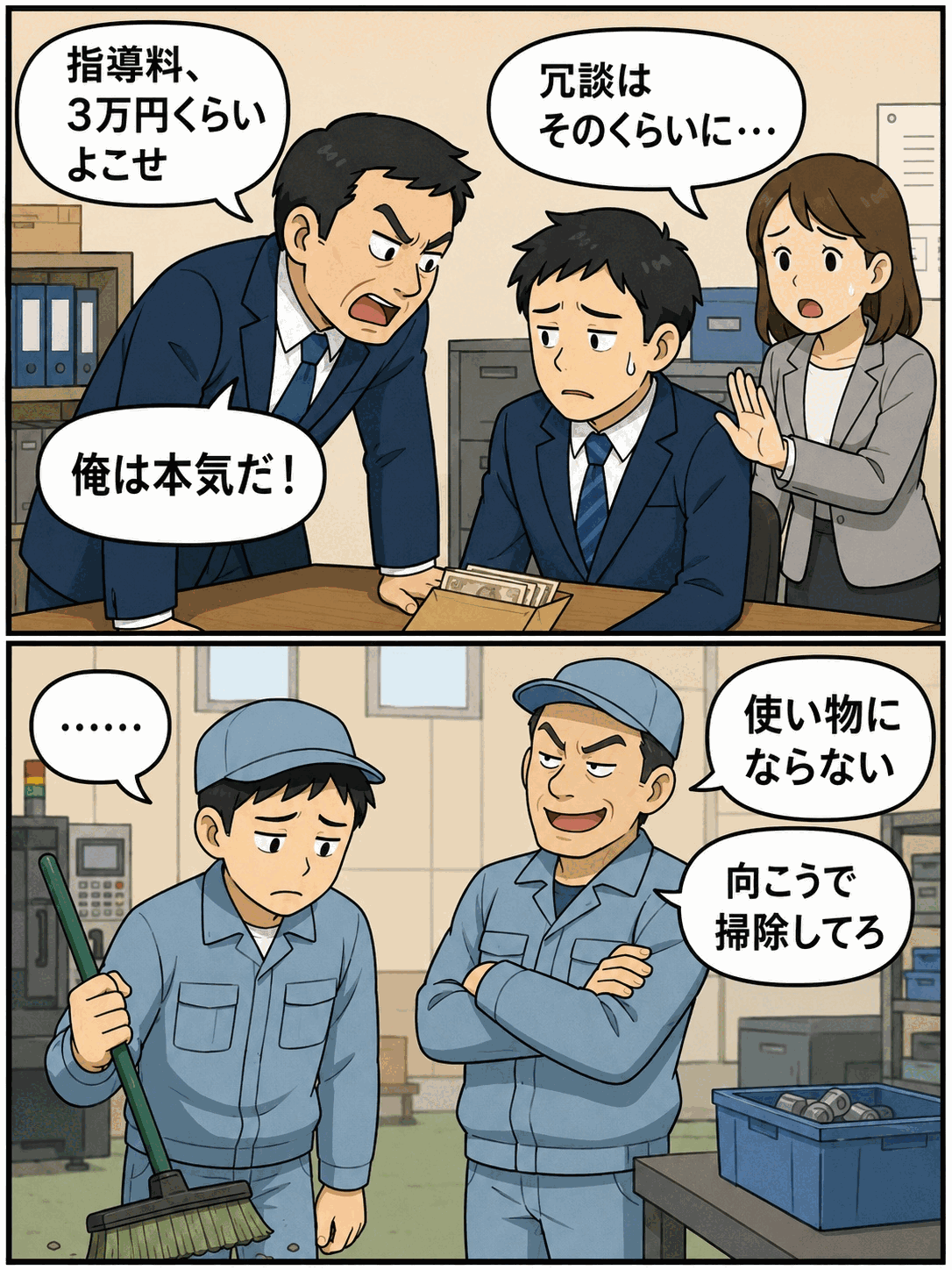 販売店舗の店長が部下に指導料3万円を要求し、異動後の製造部門でも「使い物にならない」と不当な扱いを受けるパワハラ事例の漫画