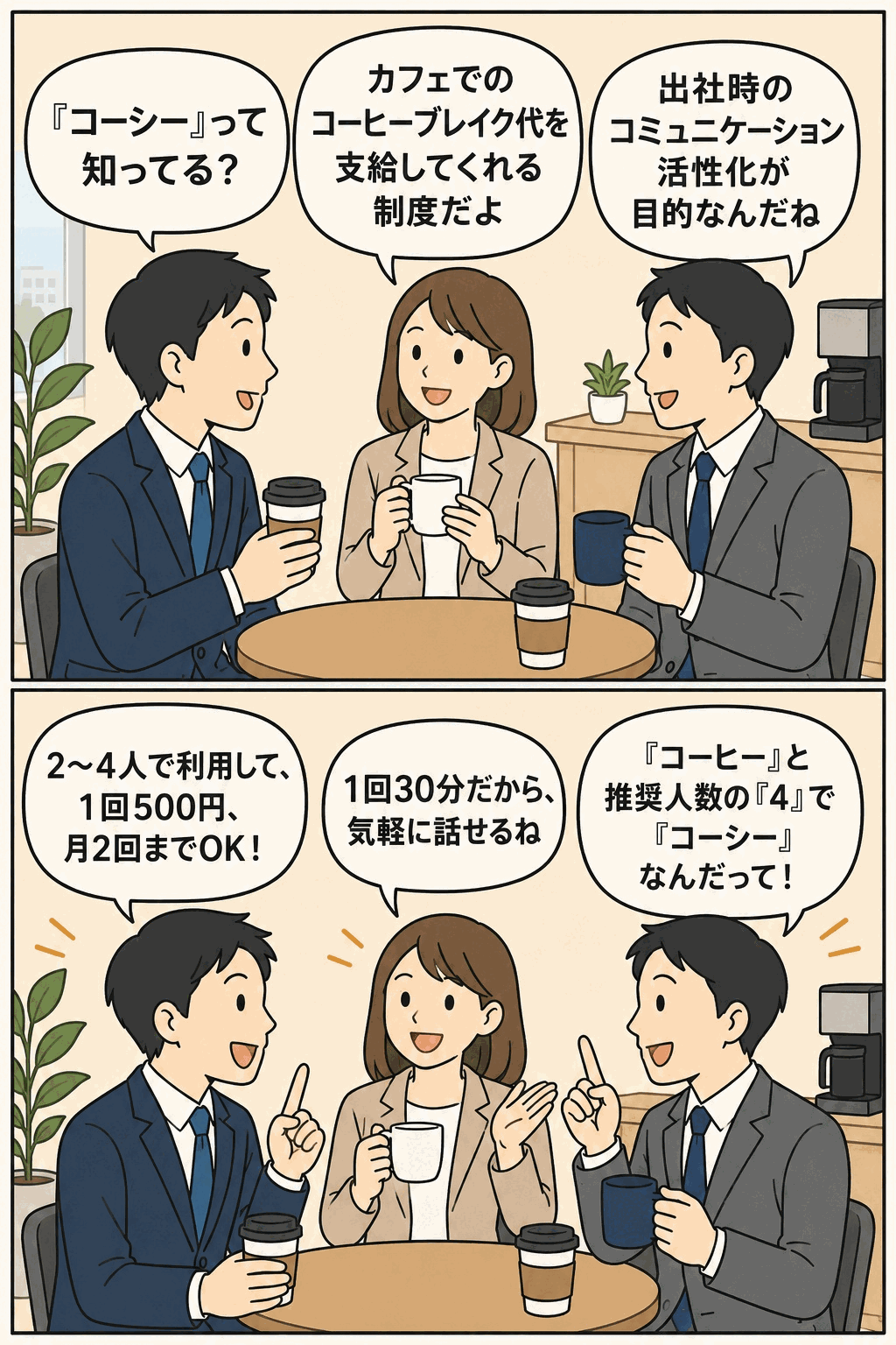 結婚準備クチコミ情報サイト運営会社の「コーシー」制度を、社員がカフェで会話しながら説明する漫画風アイキャッチ画像