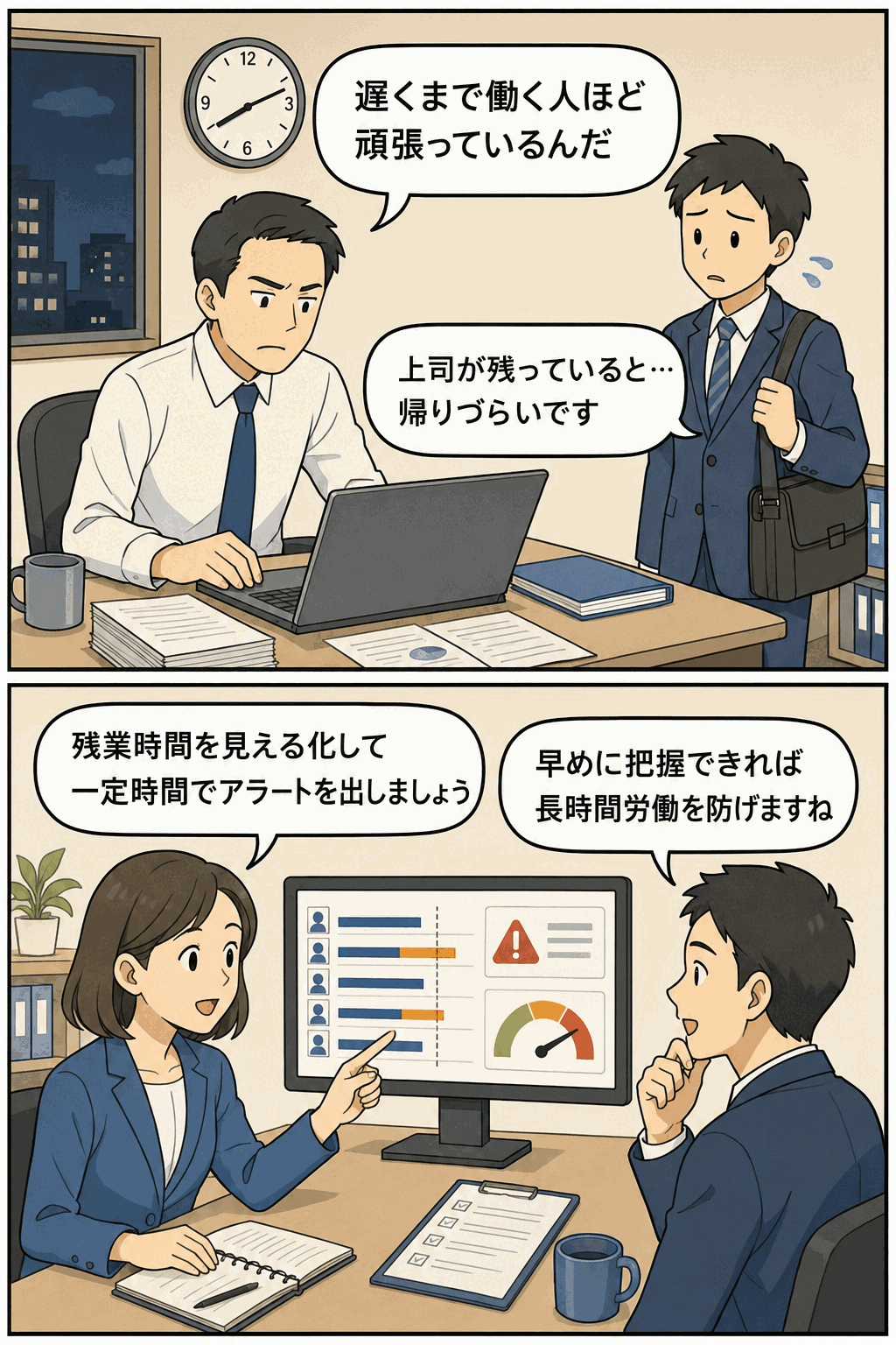 長時間労働が発生する主な要因として、残業が当たり前の職場風土や残業管理体制の不十分さを解説する人事労務記事のアイキャッチ画像