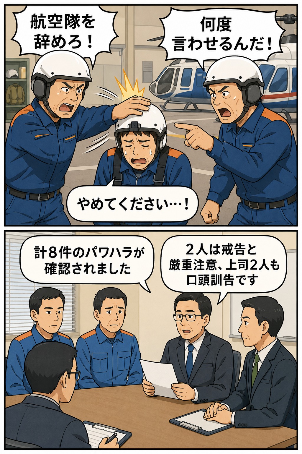 山梨県消防防災航空隊のパワハラ問題を描いた漫画風画像、後輩隊員への叱責と処分内容を説明