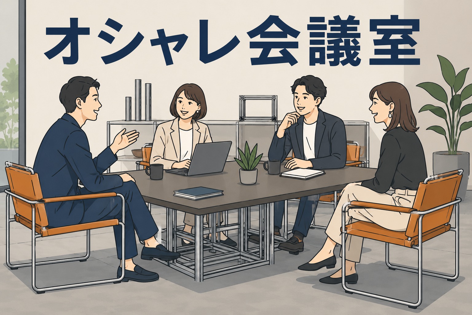 アルミ押出形材加工会社のオシャレ会議室で、カッシーナのチェアに座りながら社員がリラックスして打ち合わせをする様子