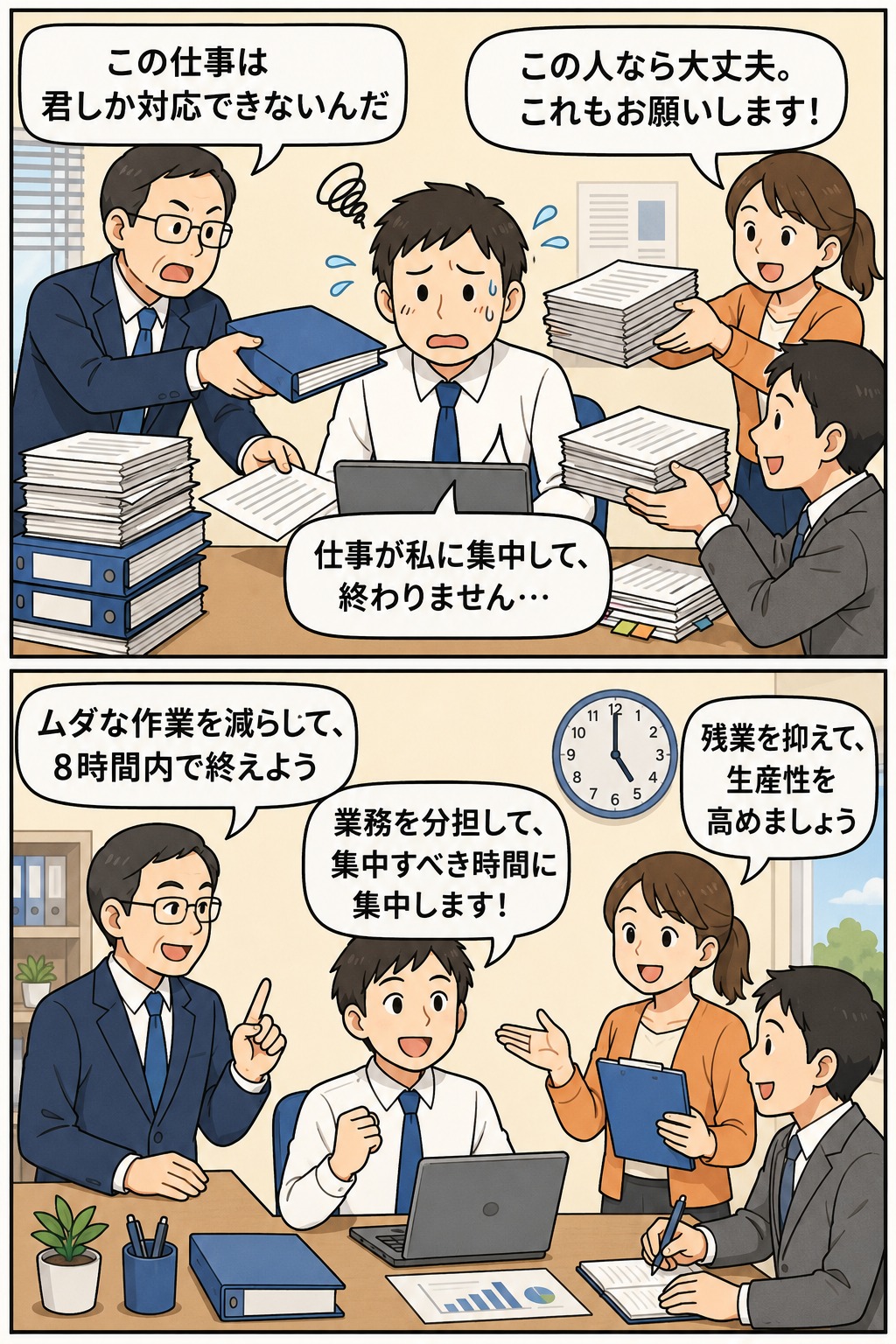 長時間労働対策として、特定の社員への業務集中や業務の属人化を改善し、業務分担と生産性向上を解説する漫画風アイキャッチ画像