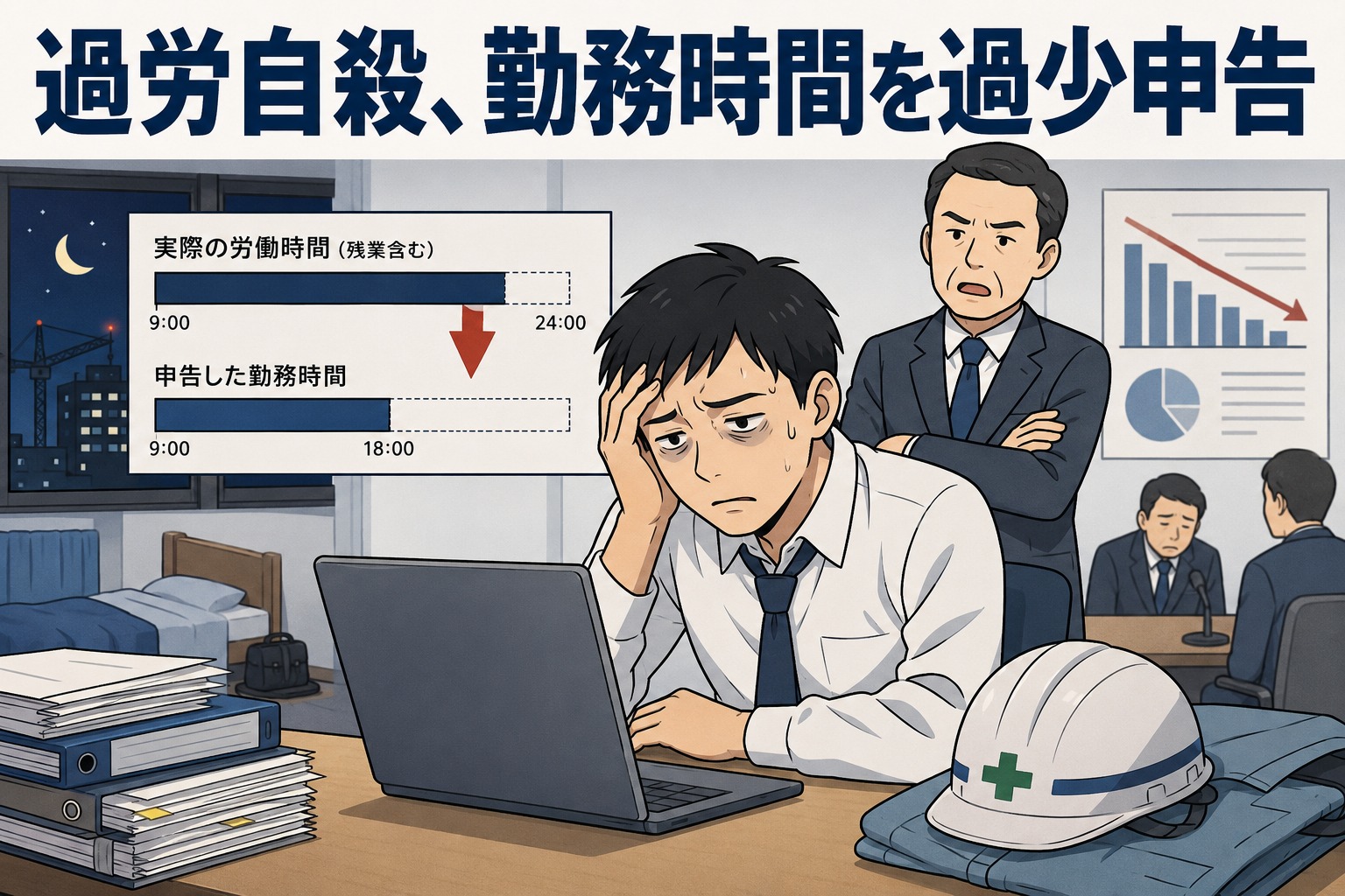 建設会社の男性社員が長時間労働と勤務時間の過少申告により過労自殺し、労災認定された問題を解説するイメージ画像