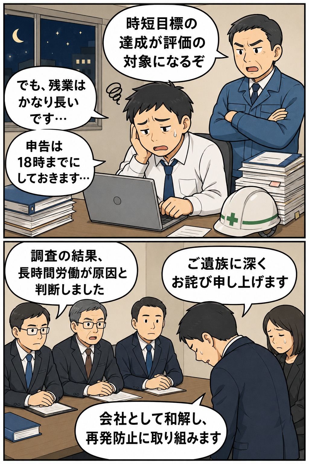 建設会社の男性社員が時短目標の評価を理由に勤務時間を過少申告し、長時間労働による過労自殺が労災認定された経緯を描いた漫画画像