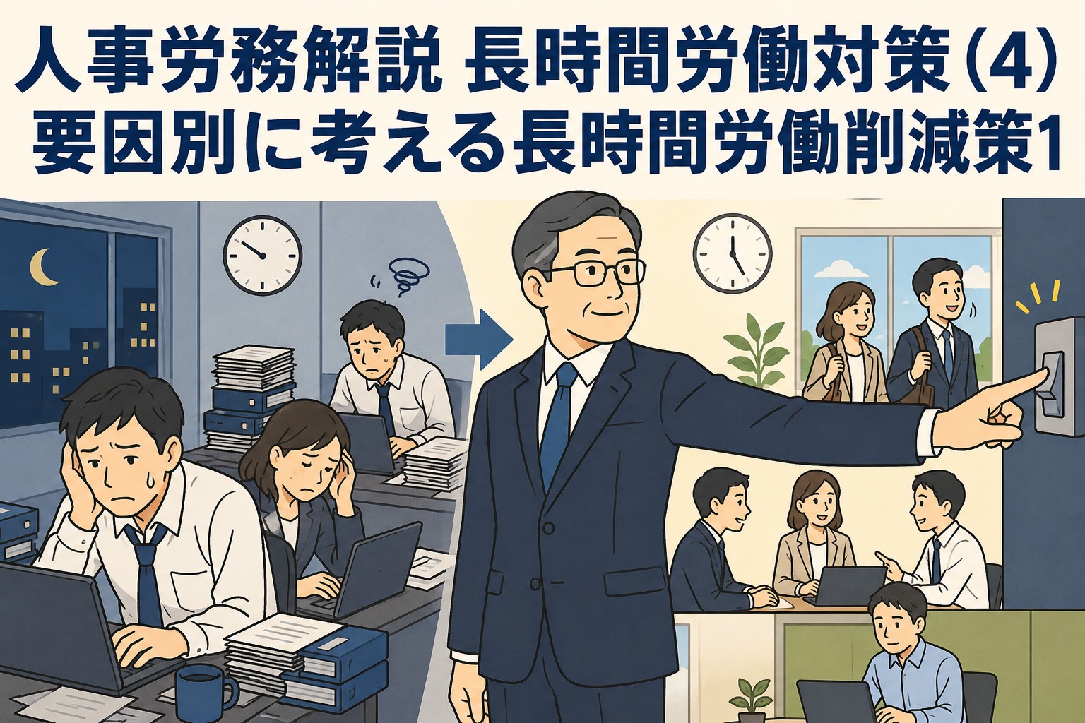 長時間労働対策として、トップが残業削減方針を示し、職場風土を改善する様子を描いた人事労務解説のアイキャッチ画像