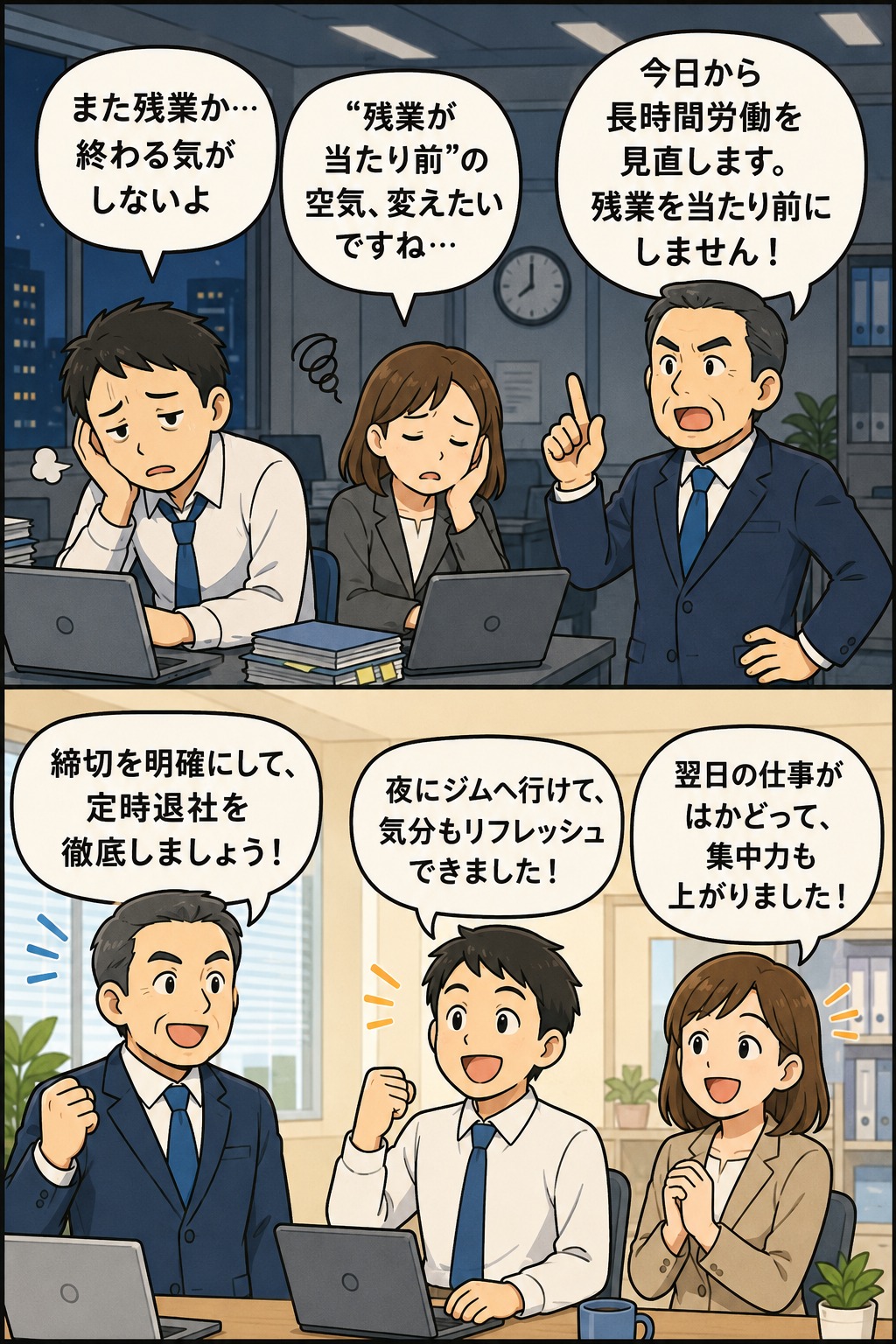 長時間労働対策として、残業が当たり前の職場風土をトップの強い方針で見直し、定時退社や業務効率化を進める様子を描いた解説画像