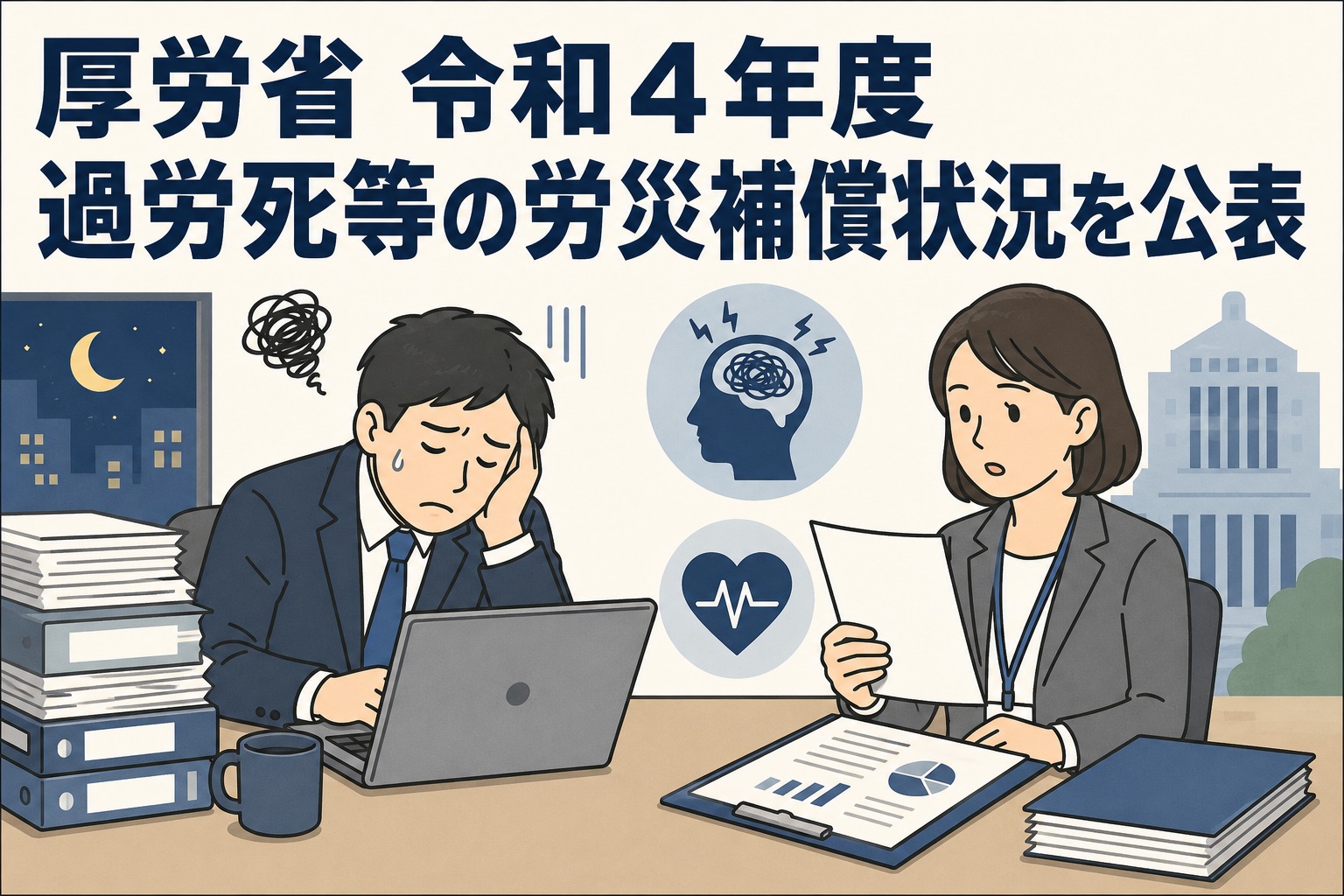 厚生労働省が公表した令和4年度の過労死等の労災補償状況を解説するイラスト。長時間労働や精神障害、脳・心臓疾患に関する労災請求・支給決定の状況を表現。