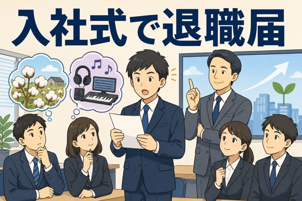 入社式で新入社員が退職届を読み上げ、独立開業や将来のキャリア目標を考えるゲーム制作会社の研修風景