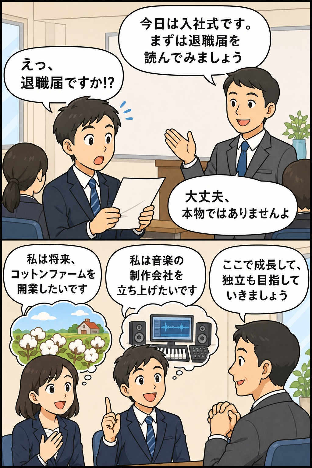 入社式で新入社員が退職届を読み上げ、将来の独立開業や成長目標を語るゲーム制作会社の漫画風イラスト