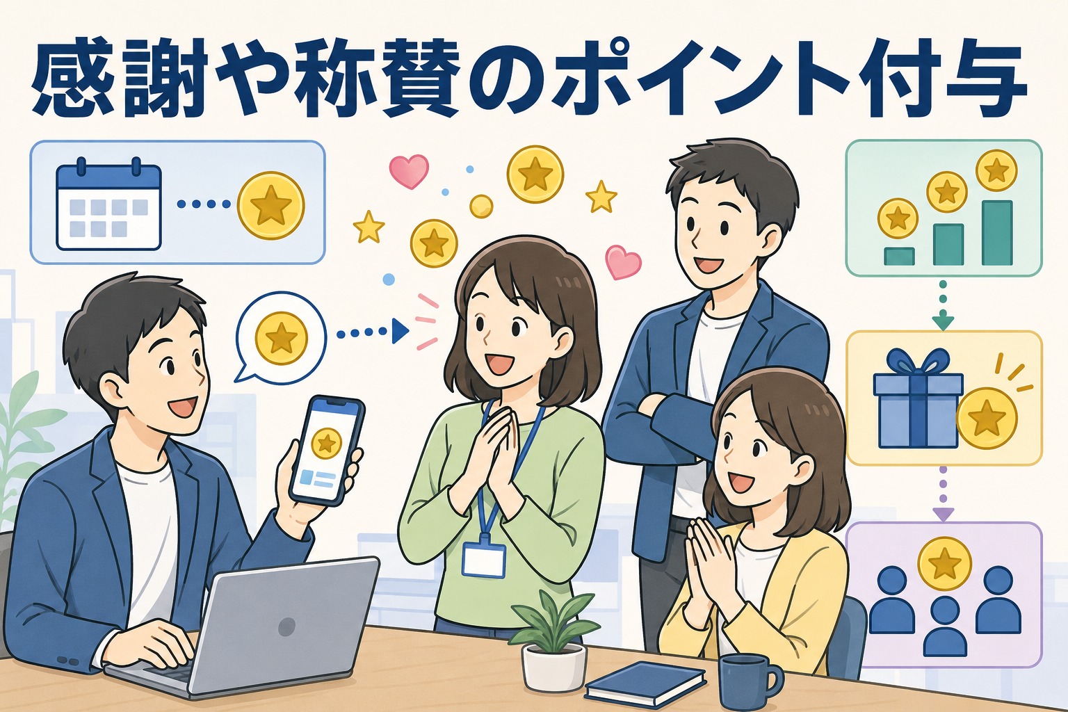 社内で感謝や称賛のメッセージとポイントを贈り合うピアボーナス制度「You Are The One」のイメージイラスト