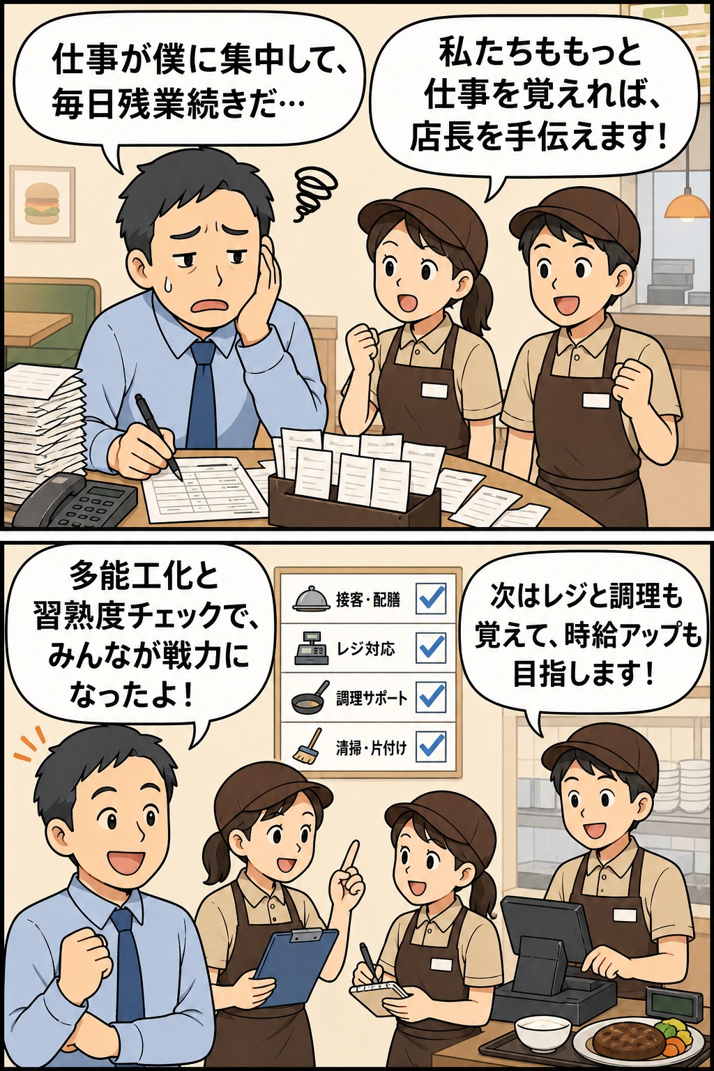 長時間労働対策として、店長に集中していた業務を多能工化と習熟度チェックにより分担し、パート・アルバイトが戦力化していく様子を描いた漫画風イラスト