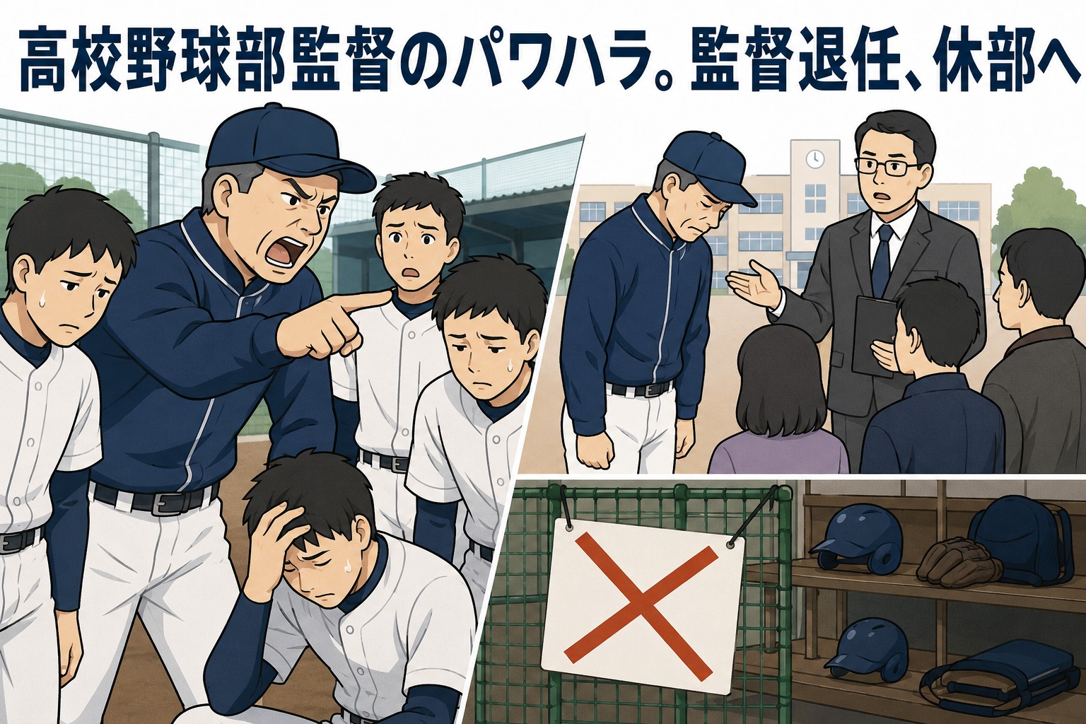 高校野球部の男性監督による暴言やパワハラ問題を受け、部員が退任を求め、学校側が監督退任と休部を説明するイラスト