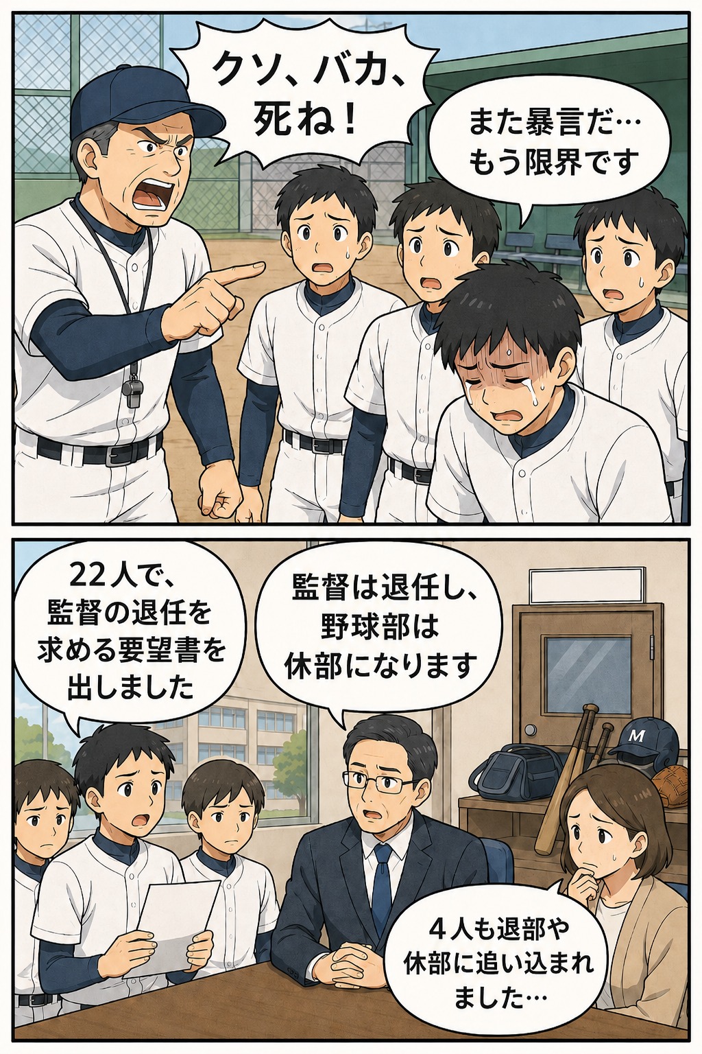 高校野球部の監督が部員に暴言を浴びせ、22人の部員が退任を求める要望書を提出し、学校側が監督退任と野球部休部を説明する漫画風イラスト