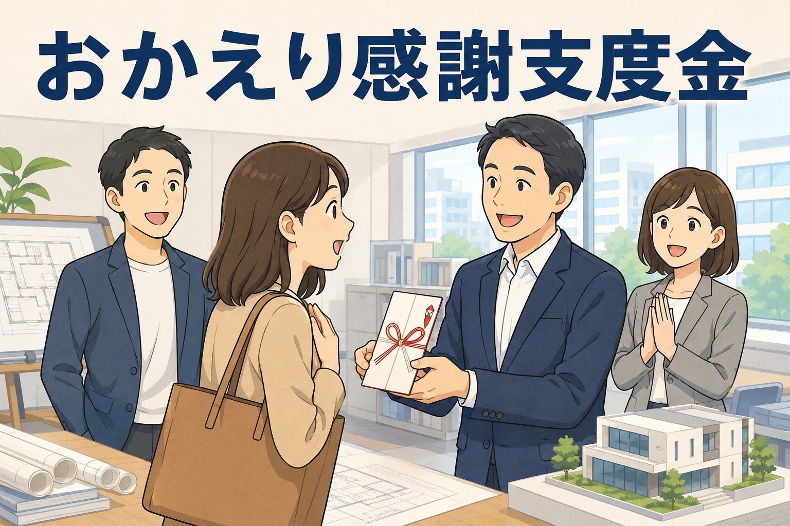 一級建築士事務所で再入社した社員に「おかえり感謝支度金」を手渡す様子