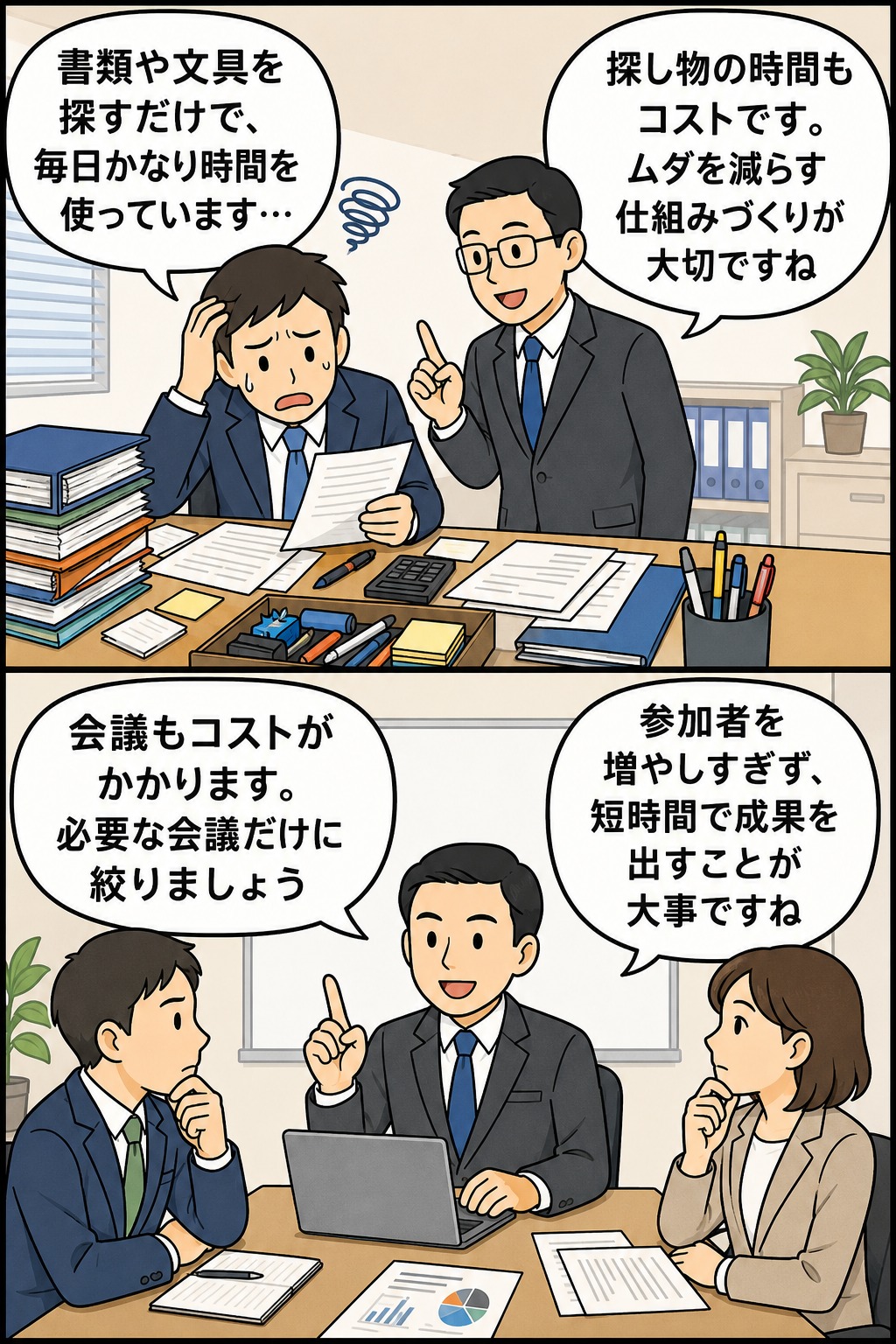 長時間労働対策として探し物コストと会議コストを見直し、ムダな時間を削減する仕組みづくりを解説する職場改善のイラスト