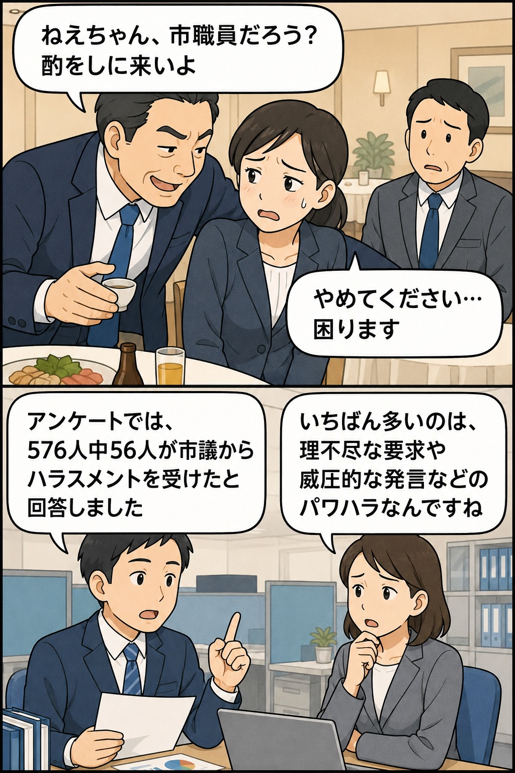群馬県渋川市の市職員アンケートで、市議からハラスメントを受けた職員が56人いたことを漫画形式で伝える画像