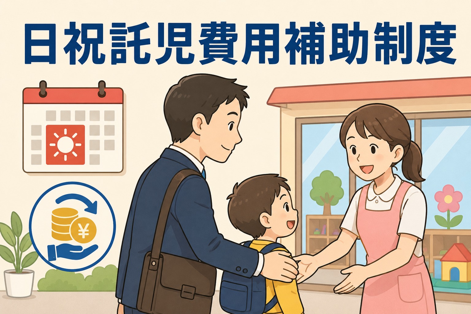 日曜・祝日に出勤する従業員向けの託児費用補助制度を紹介するイラスト
