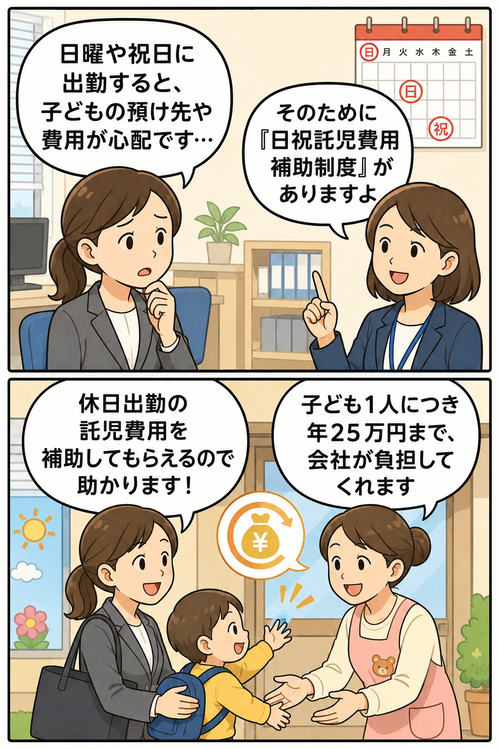 日曜・祝日の出勤時に利用できる日祝託児費用補助制度を漫画で説明するイラスト