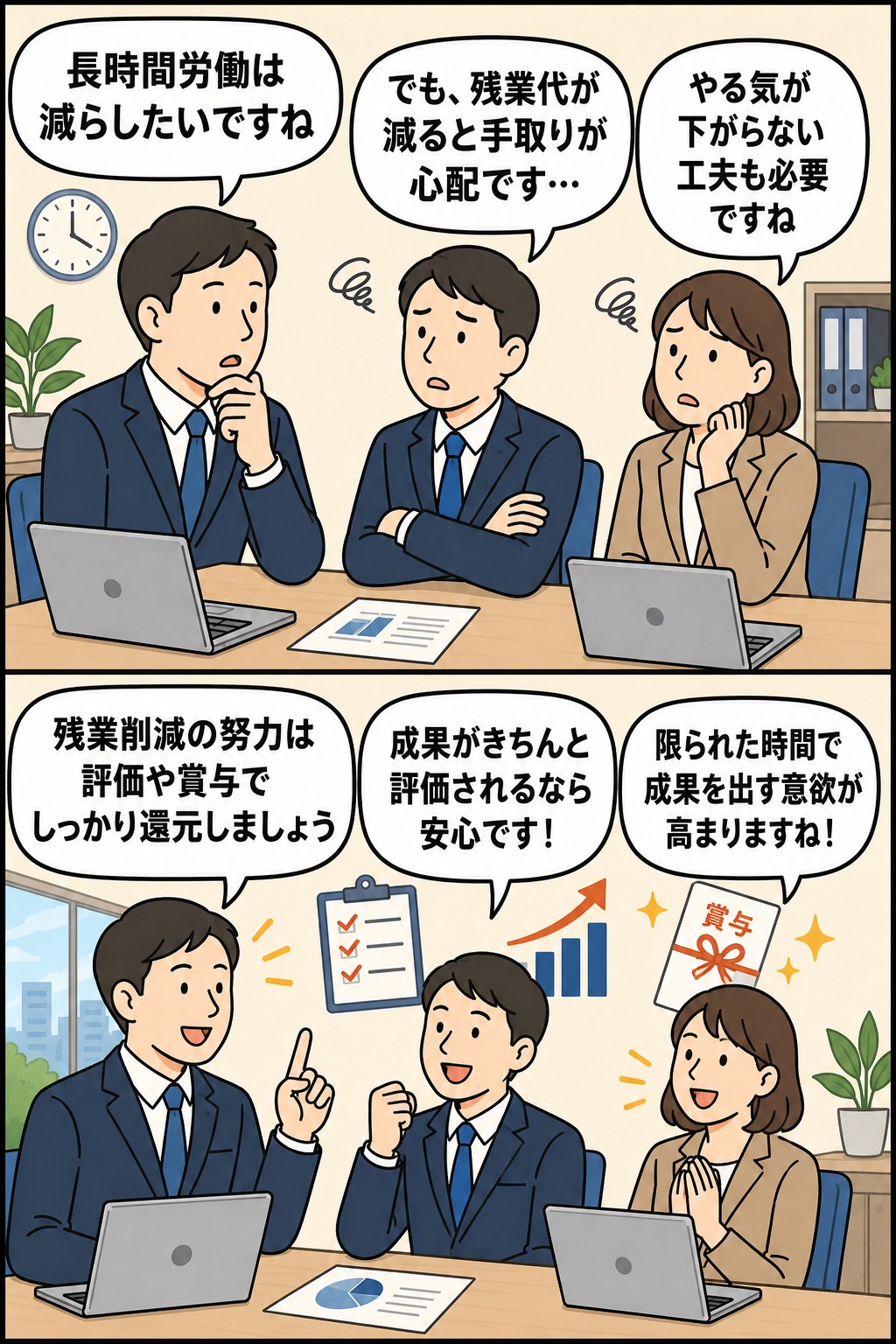 長時間労働削減に伴う残業代減少への不安に対し、評価や賞与による還元で社員の意欲を維持する方法を説明する人事労務漫画