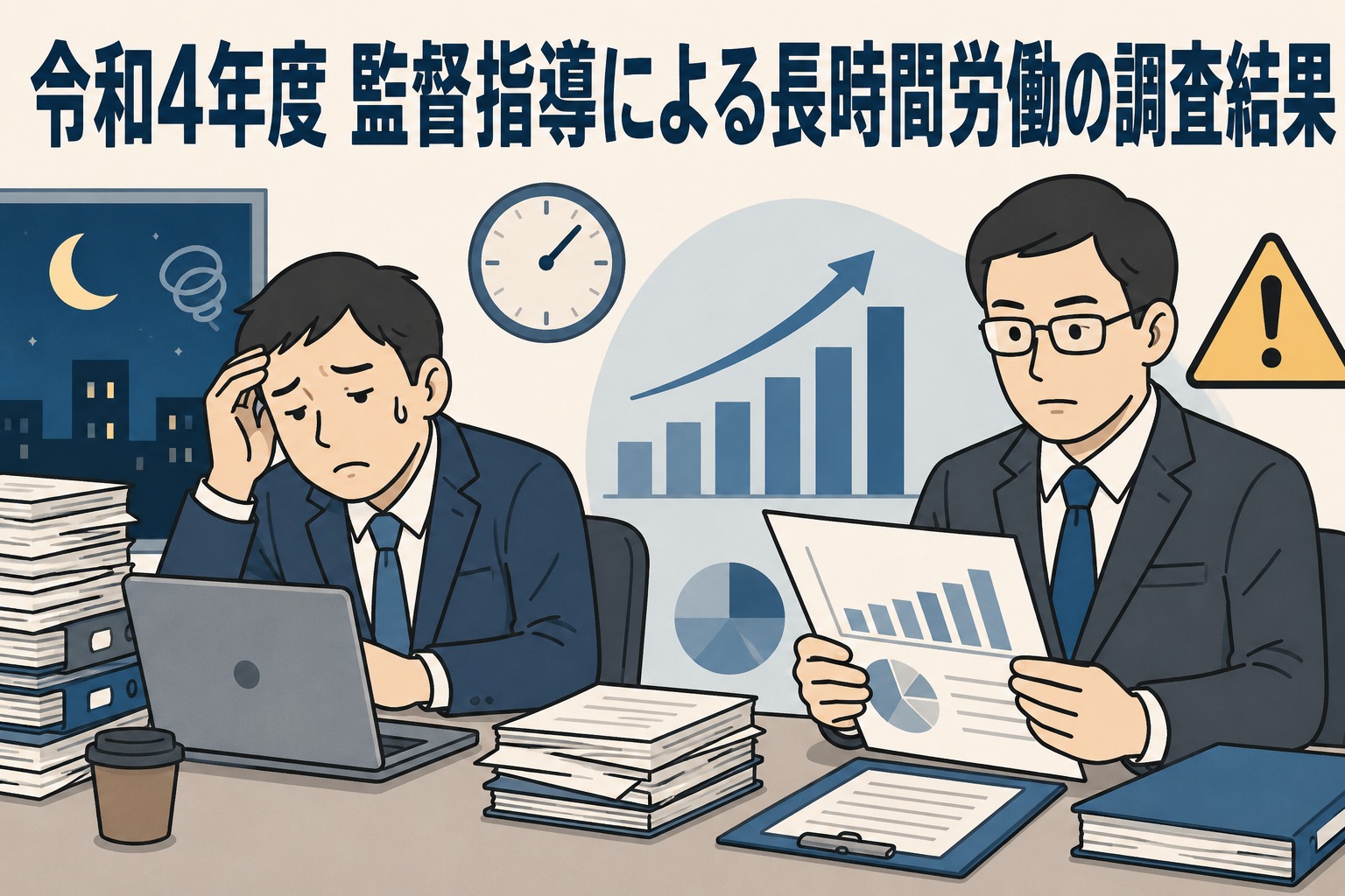 令和4年度に労働基準監督署が長時間労働の疑いがある事業場を監督指導した調査結果を示すイラスト