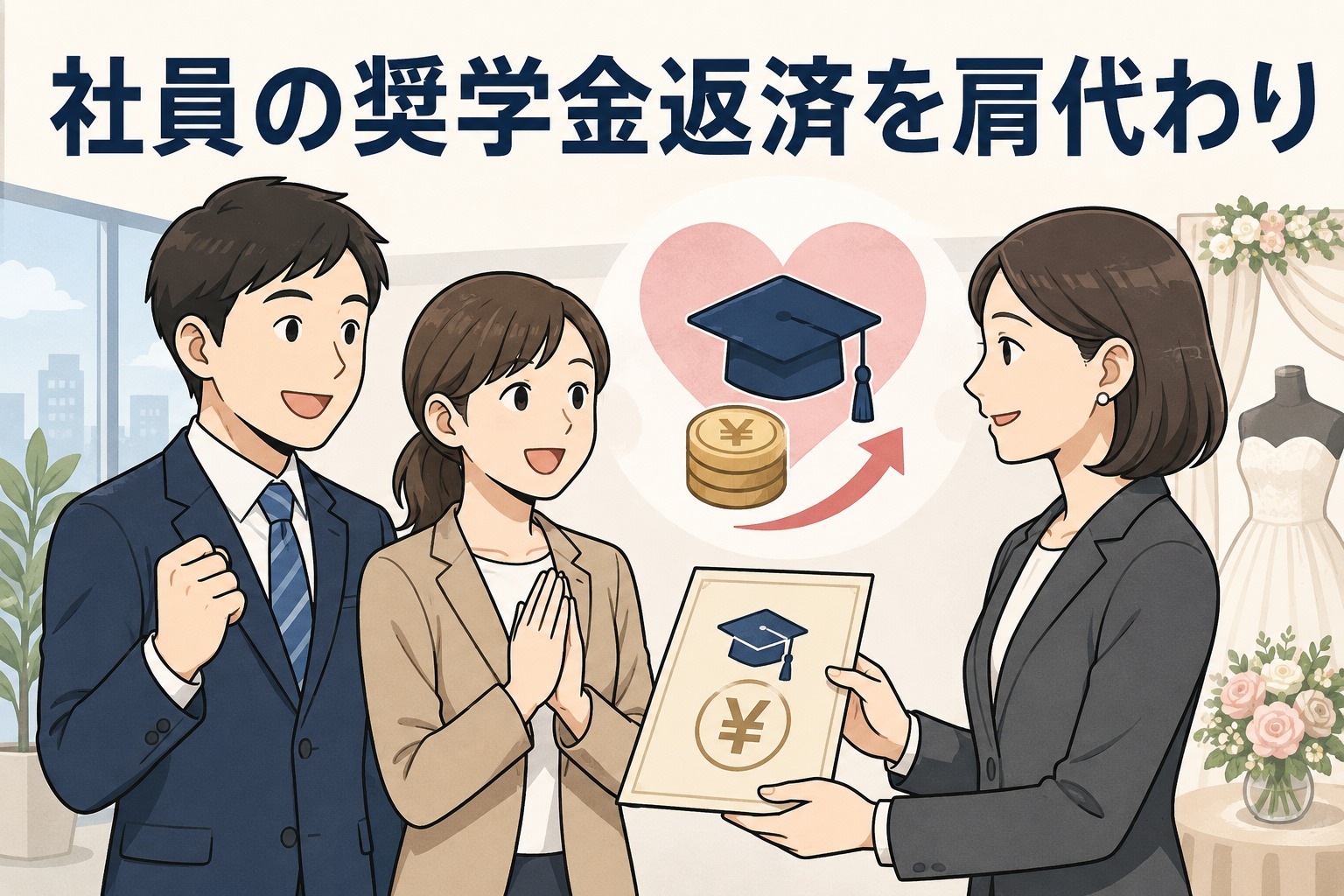 ブライダル企業の社員が奨学金返済支援制度により会社から最大200万円の返済支援を受ける様子