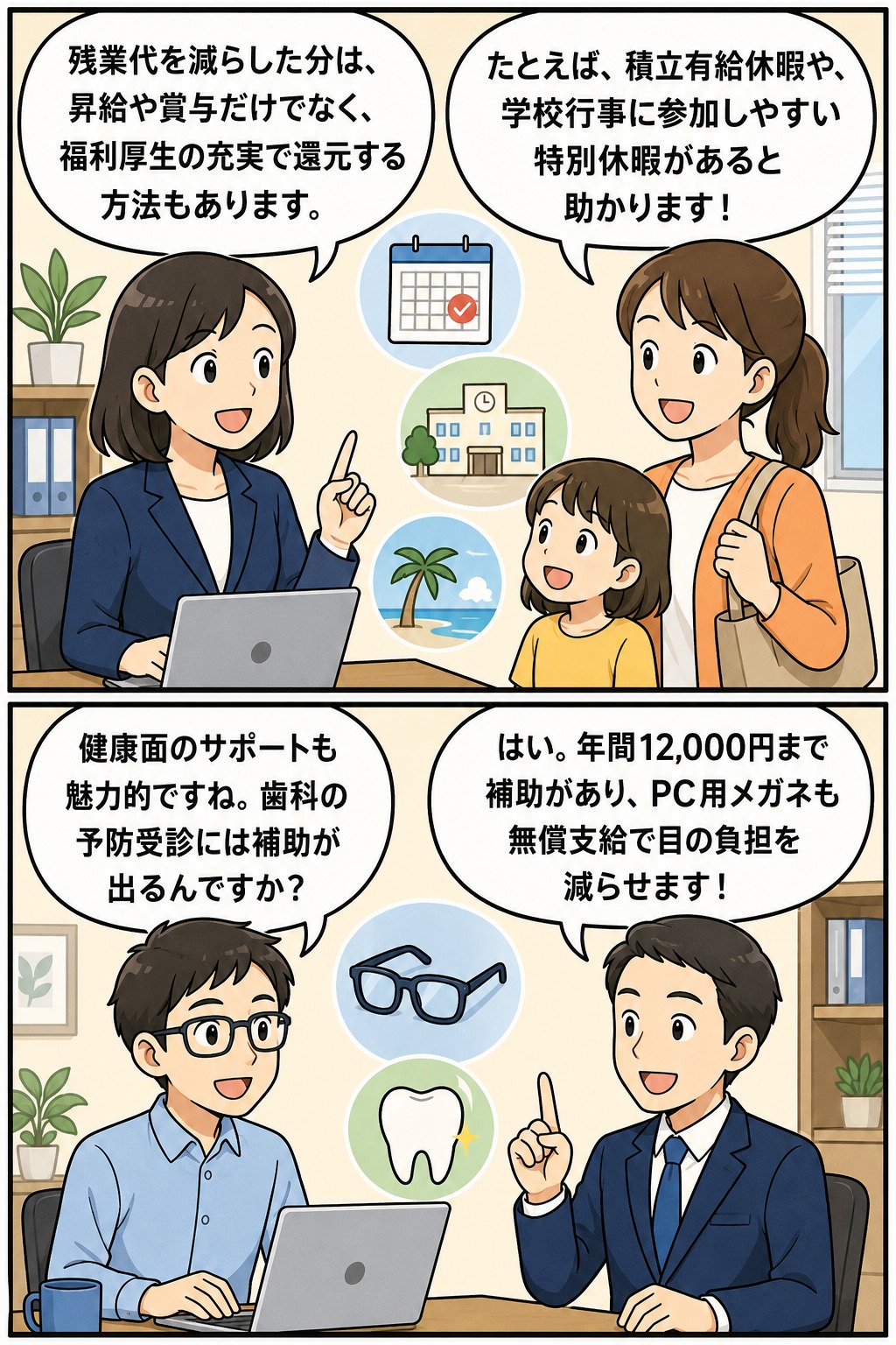 長時間労働削減で生まれた原資を福利厚生の充実で社員に還元する方法を解説する漫画風アイキャッチ画像