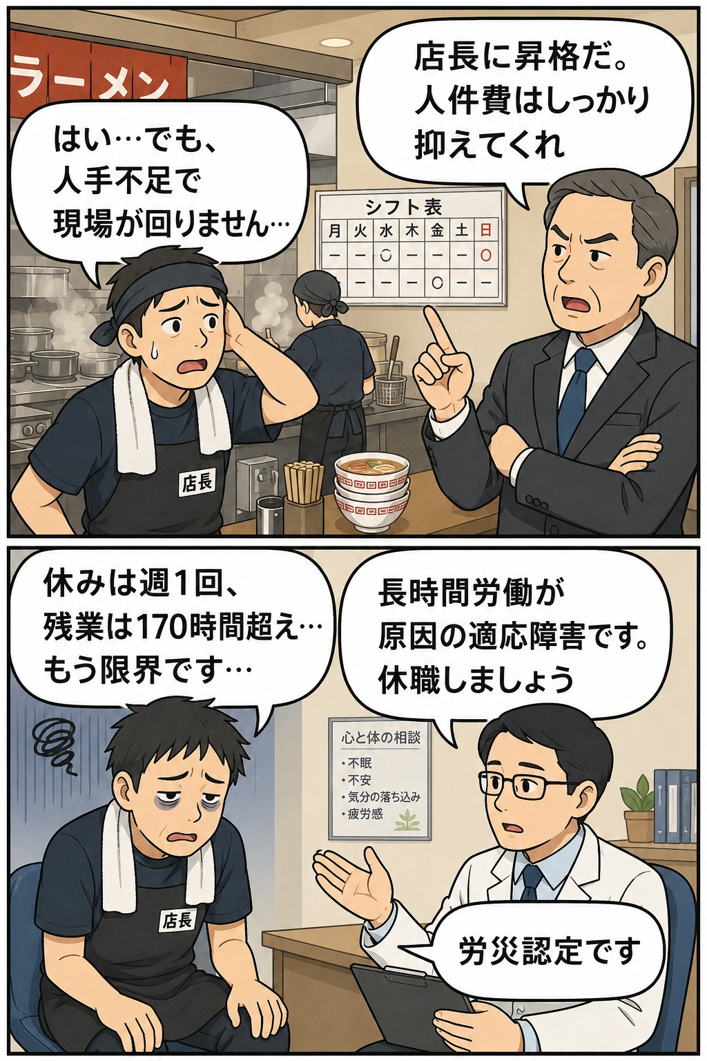 ラーメン店の店長が人手不足と人件費削減の指示で長時間労働となり、月170時間超の残業により適応障害を発症して労災認定された経緯を描いた漫画