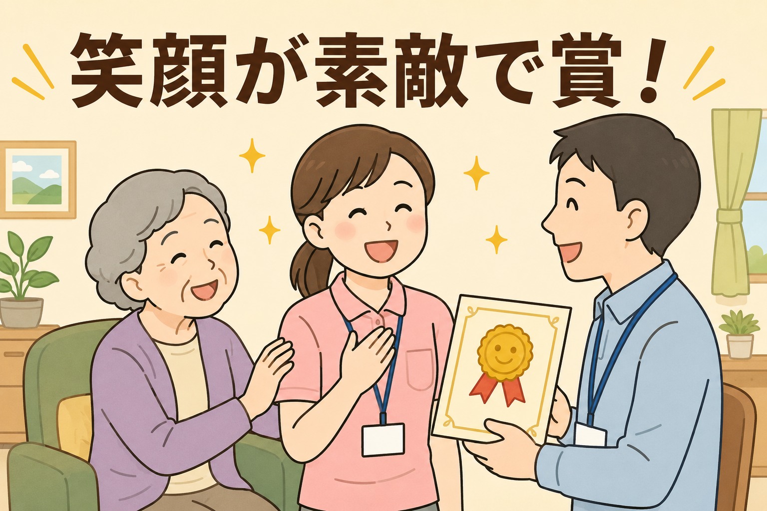 在宅介護サービスの表彰制度で「笑顔が素敵で賞」を受賞し、利用者や職員と笑顔で喜び合う介護職員のイラスト